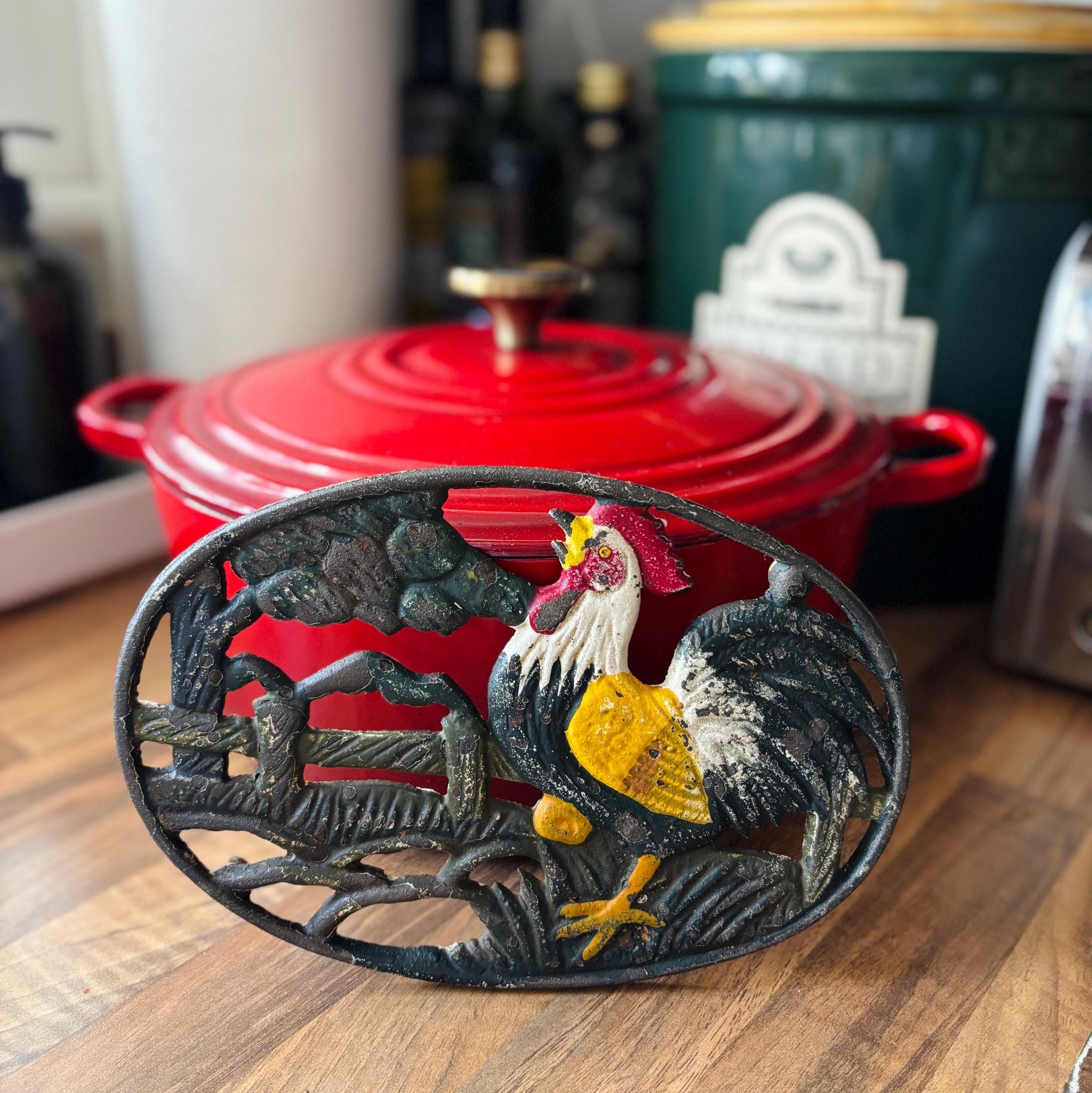 Vintage Cast Iron Rooster Trivet Farmhouse Kitchen Decor Rustic Pan Stand Country Style