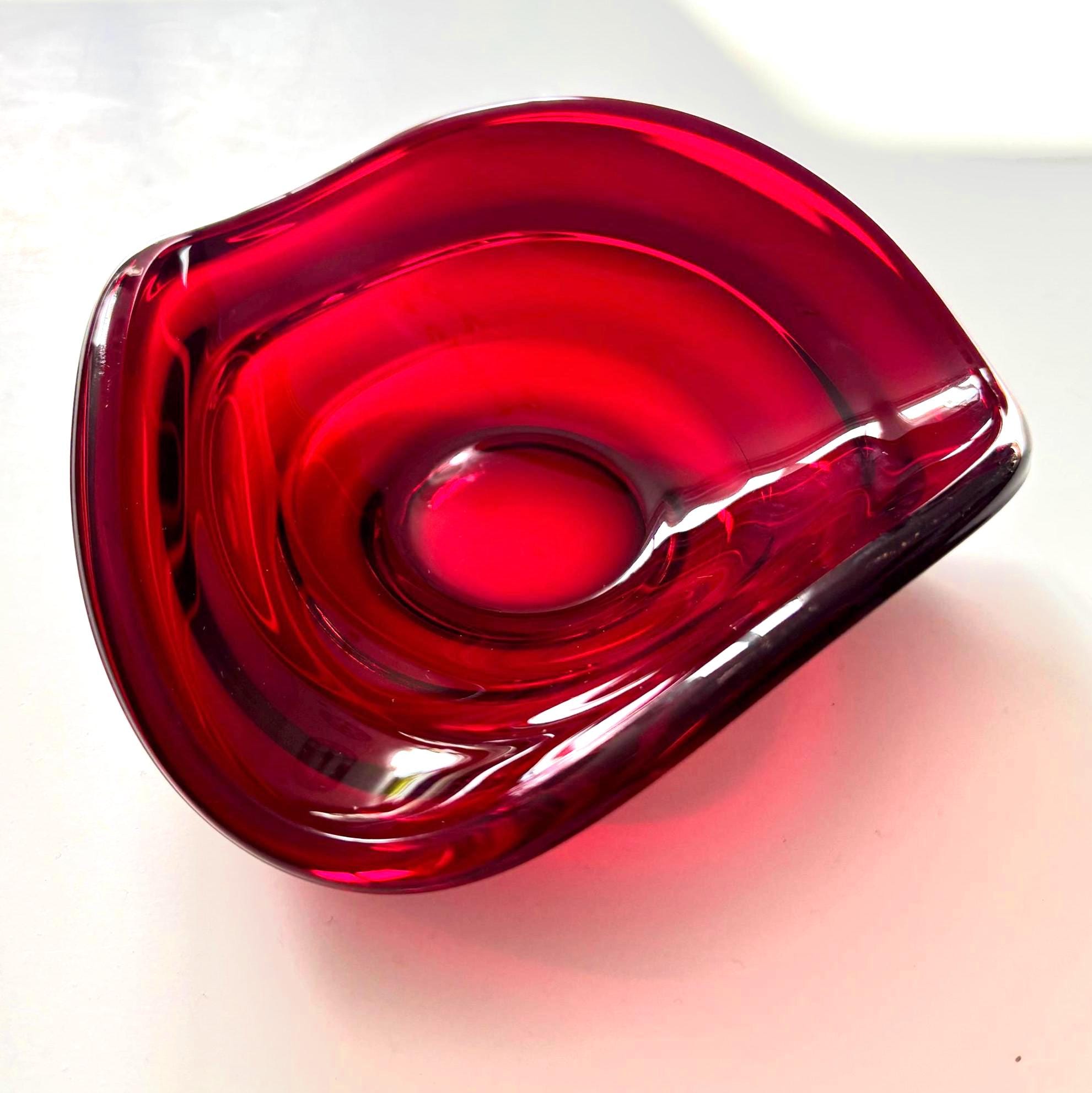 Vintage Ruby Red Art Glass Bowl Freeform Mid Century Scandinavian Style Dish