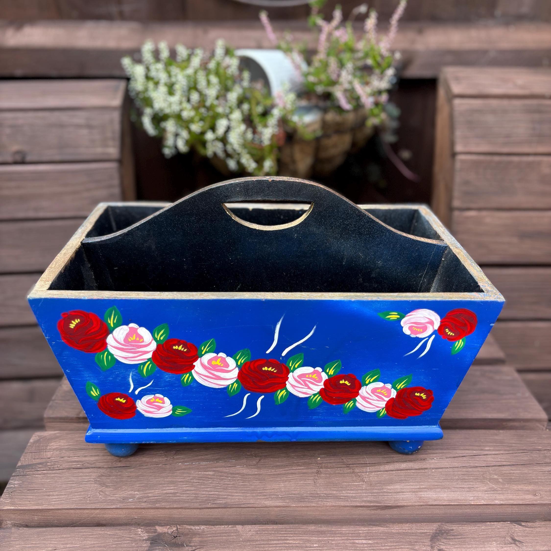 Hand-Painted Wooden Caddy | Folk Art Floral Storage Box