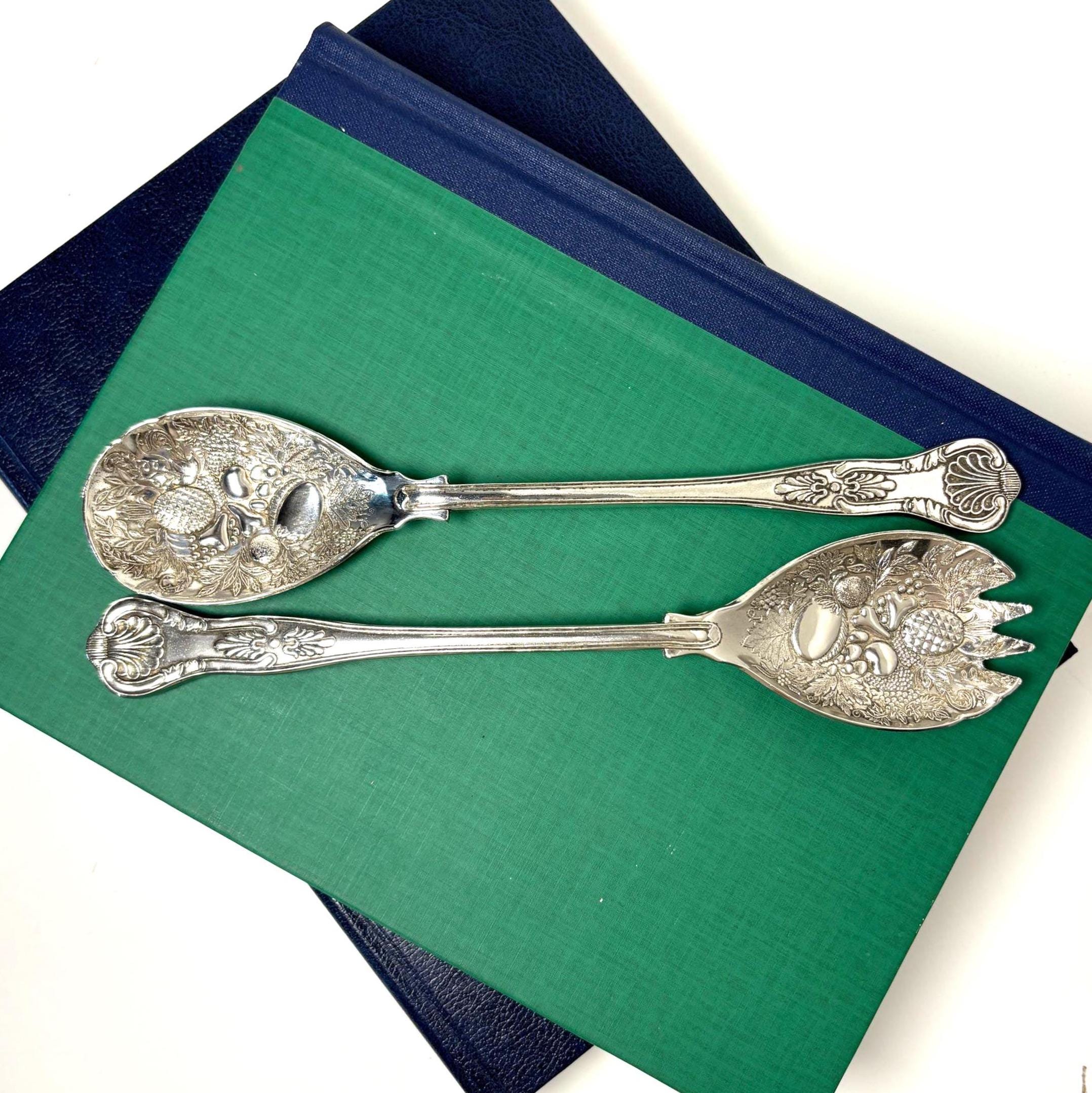 Ornate Vintage Silver Plated Salad Servers Fruit Pattern Victorian Style Serving Spoon Fork Set