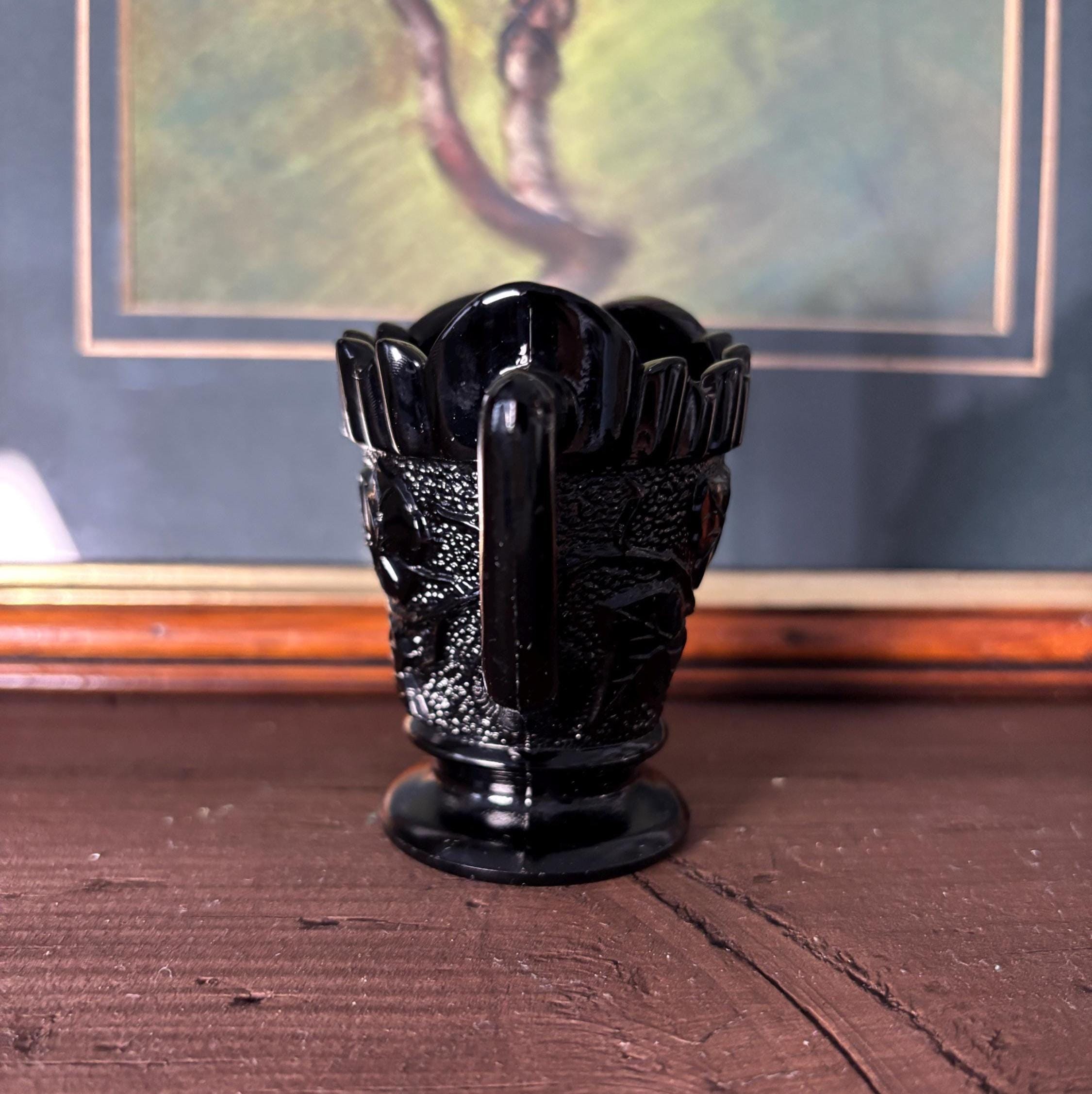 Vintage Black Pressed Glass Creamer Grape Pattern Pedestal Milk Jug