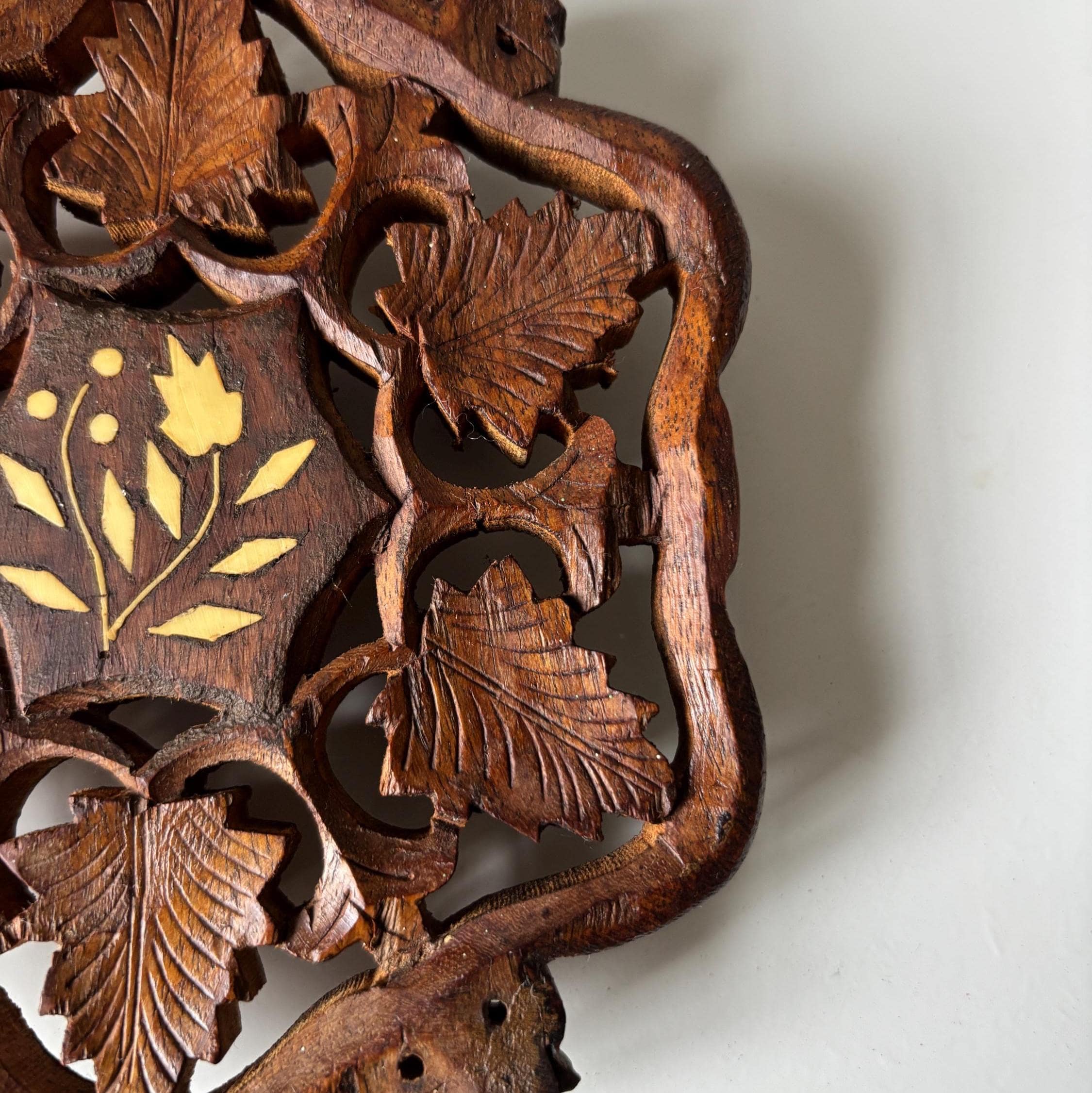 Vintage Hand Carved Wooden Trivet With Bone Inlay Grapevine Leaf Pot Stand Decor