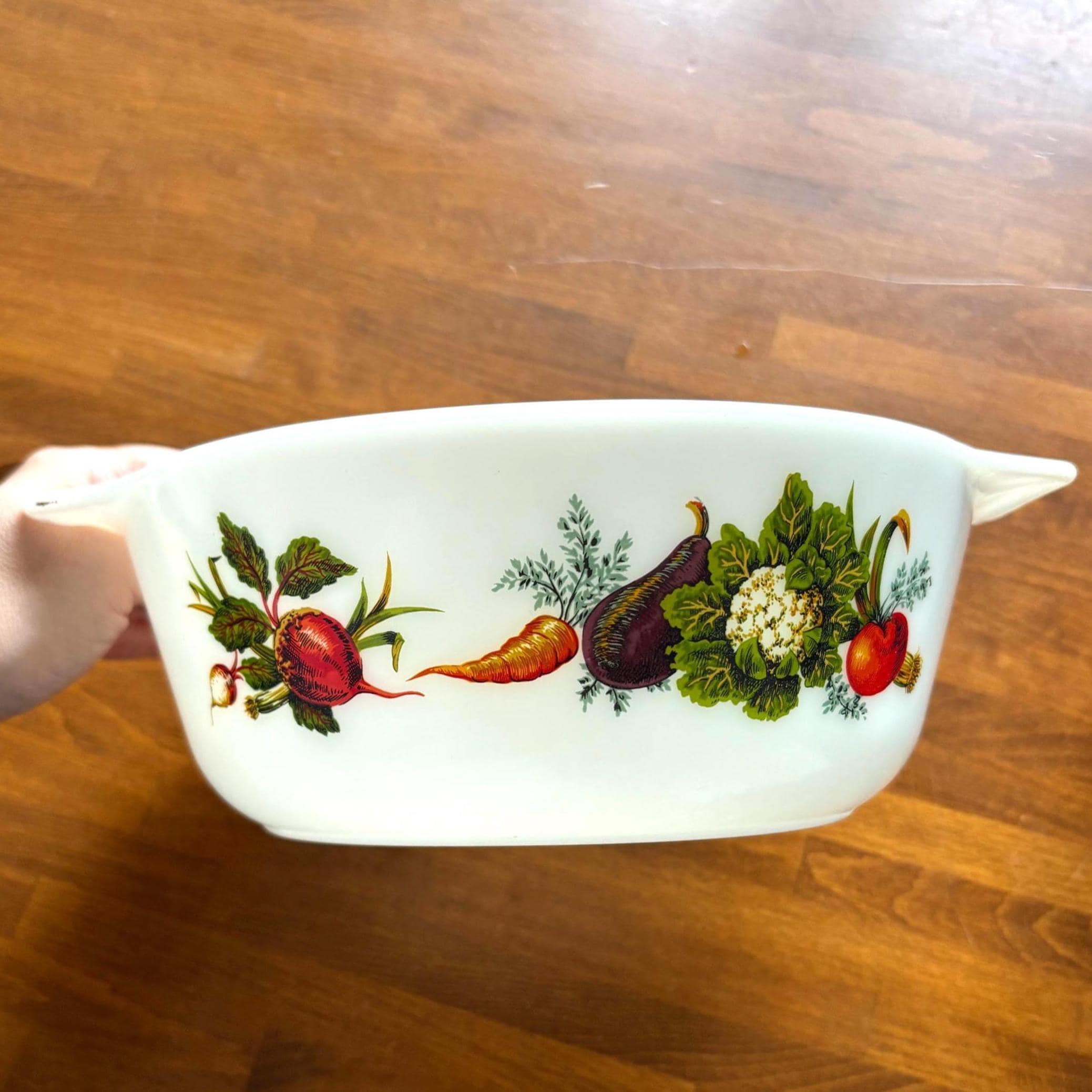 Vintage Milk Glass Casserole Dish Vegetable Pattern Mid Century Kitchen Serving Bowl Handles