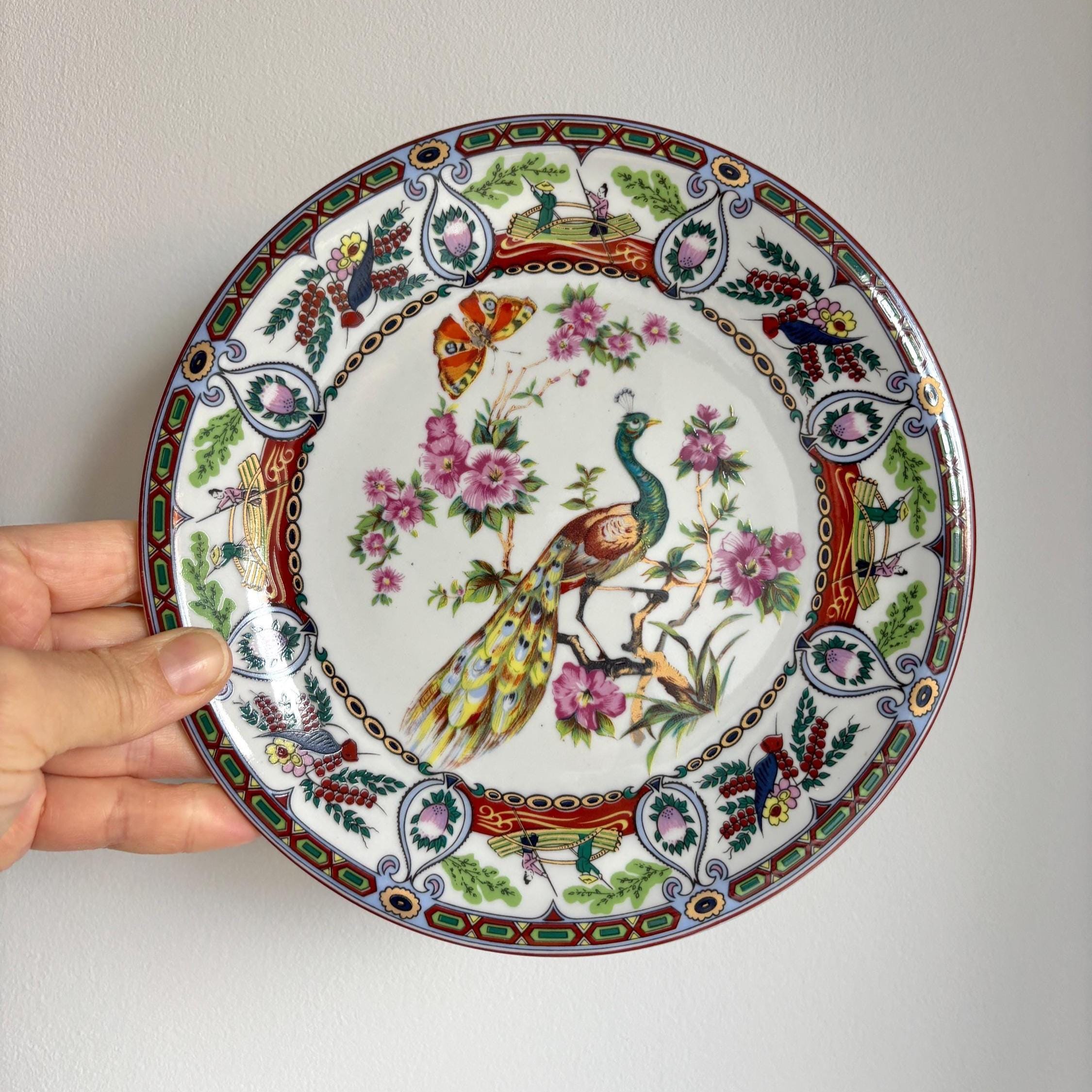 Vintage Famille Rose Peacock Plate: Asian Porcelain Wall Decor