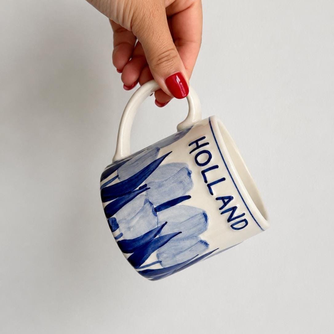 Vintage Holland Delft Style Tulip Mug Blue White Hand Painted Dutch Ceramic Cup