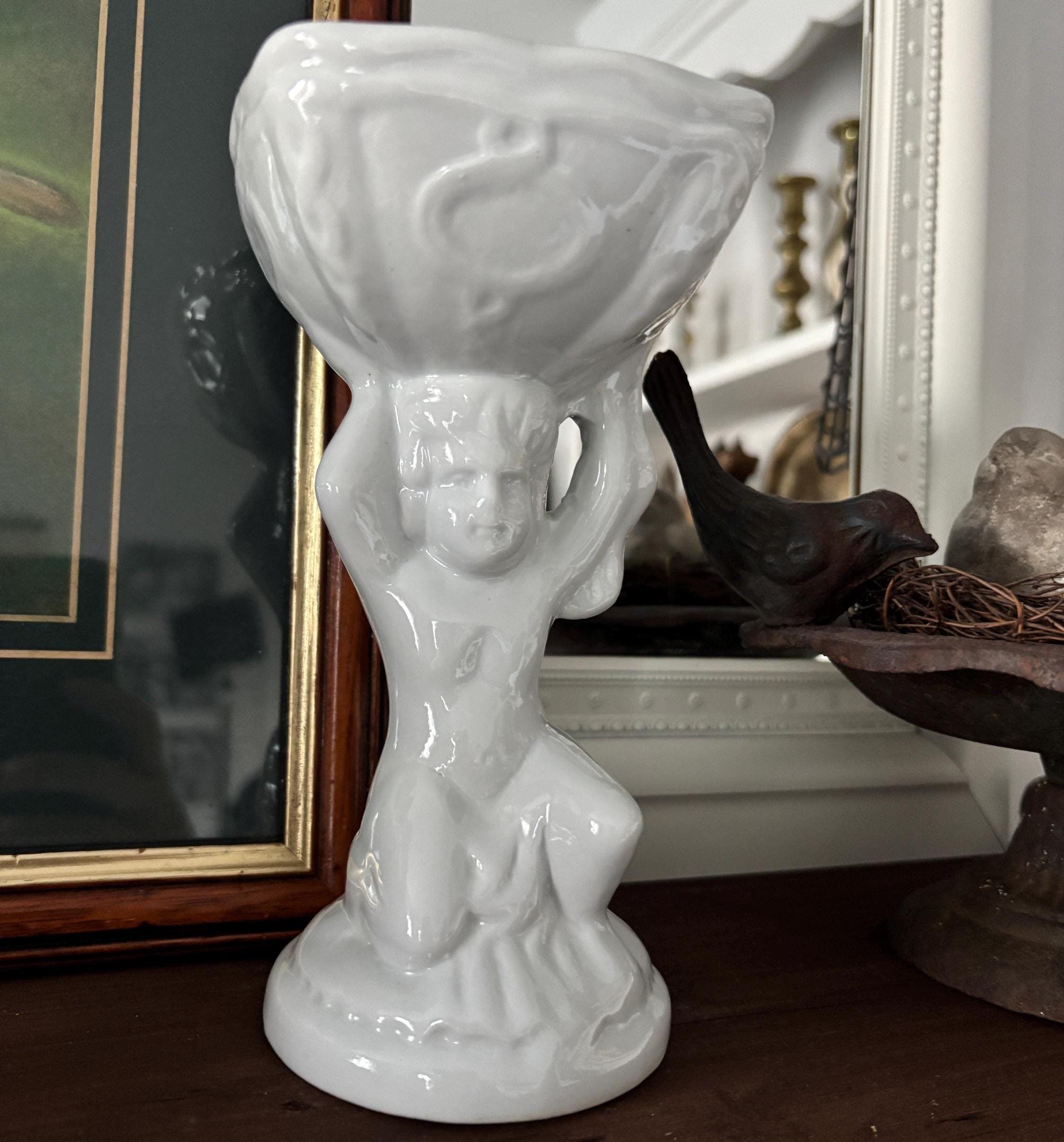 Vintage White Cherub Pedestal Planter Bowl, Putti Column Vase, Neoclassical Hollywood Regency Decor Centerpiece
