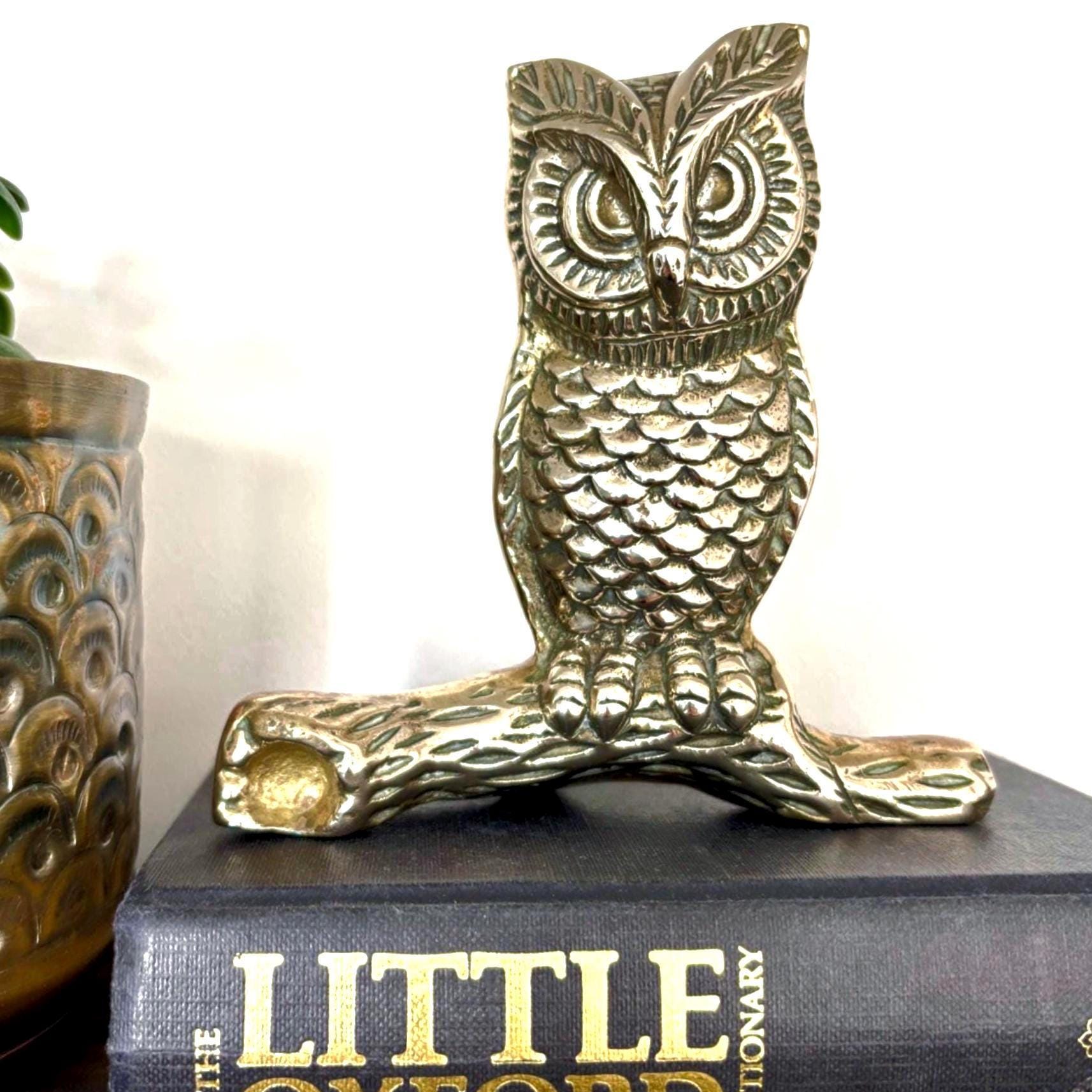 Vintage Solid Brass Owl on Branch Wise Owl Figurine Woodland Bird Sculpture Shelf Decor
