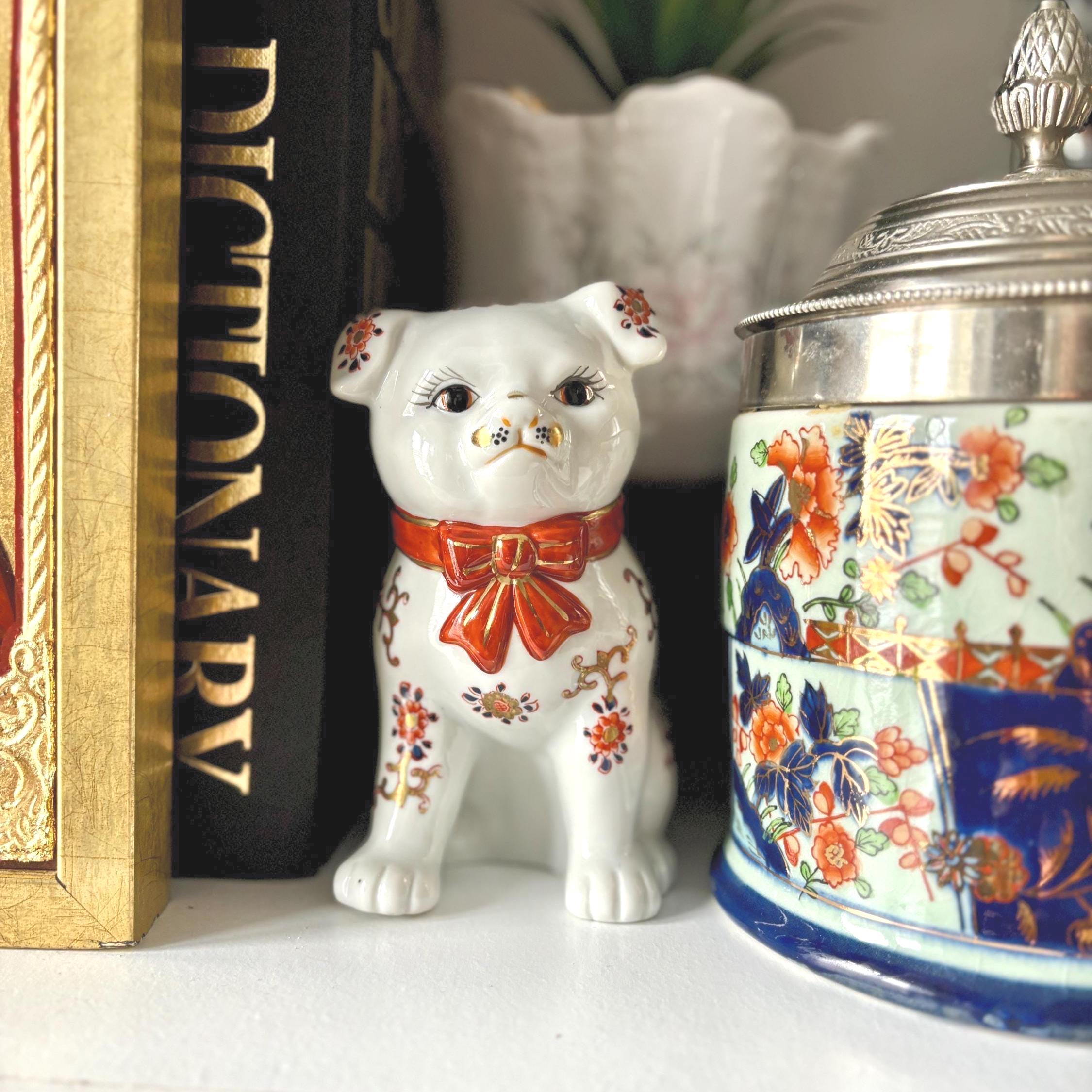 Imari Style Ceramic Dog Ornament | Vintage White Dog Figurine with Red Collar & Gilt Detail