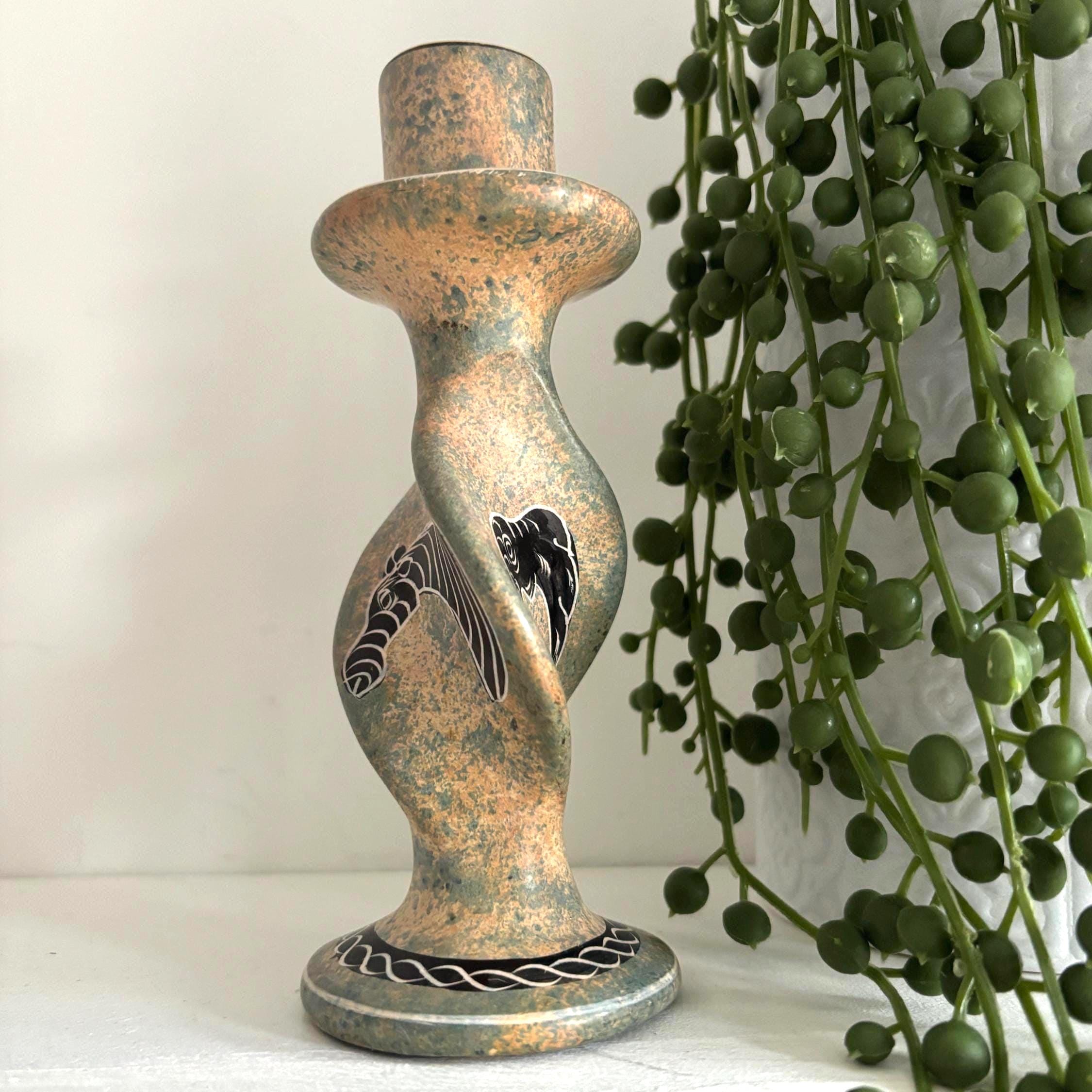 Kisii Soapstone Safari Candlestick | Hand-Carved Kenya | Zebra, Elephant & Rhino | Barley-Twist Taper Holder