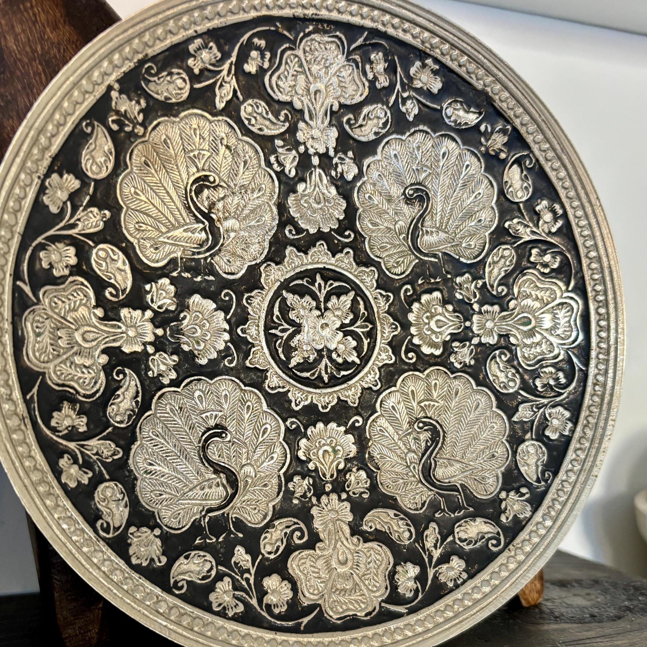 Vintage Silver & Black Peacock Wall Plate | Embossed Metal Hanging Tray, Boho Wall Decor