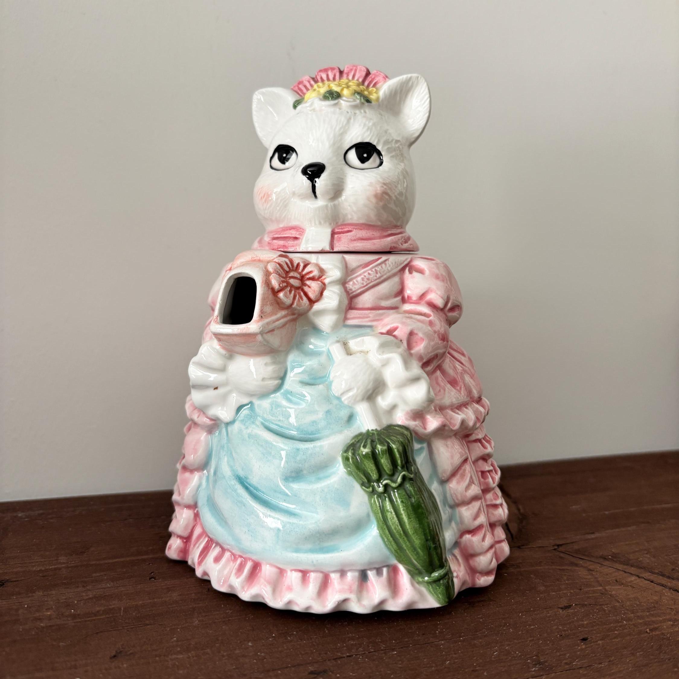 Vintage Ceramic Cat Teapot Victorian Lady Kitty Coffee Pot Pink Novelty Collectible Decor