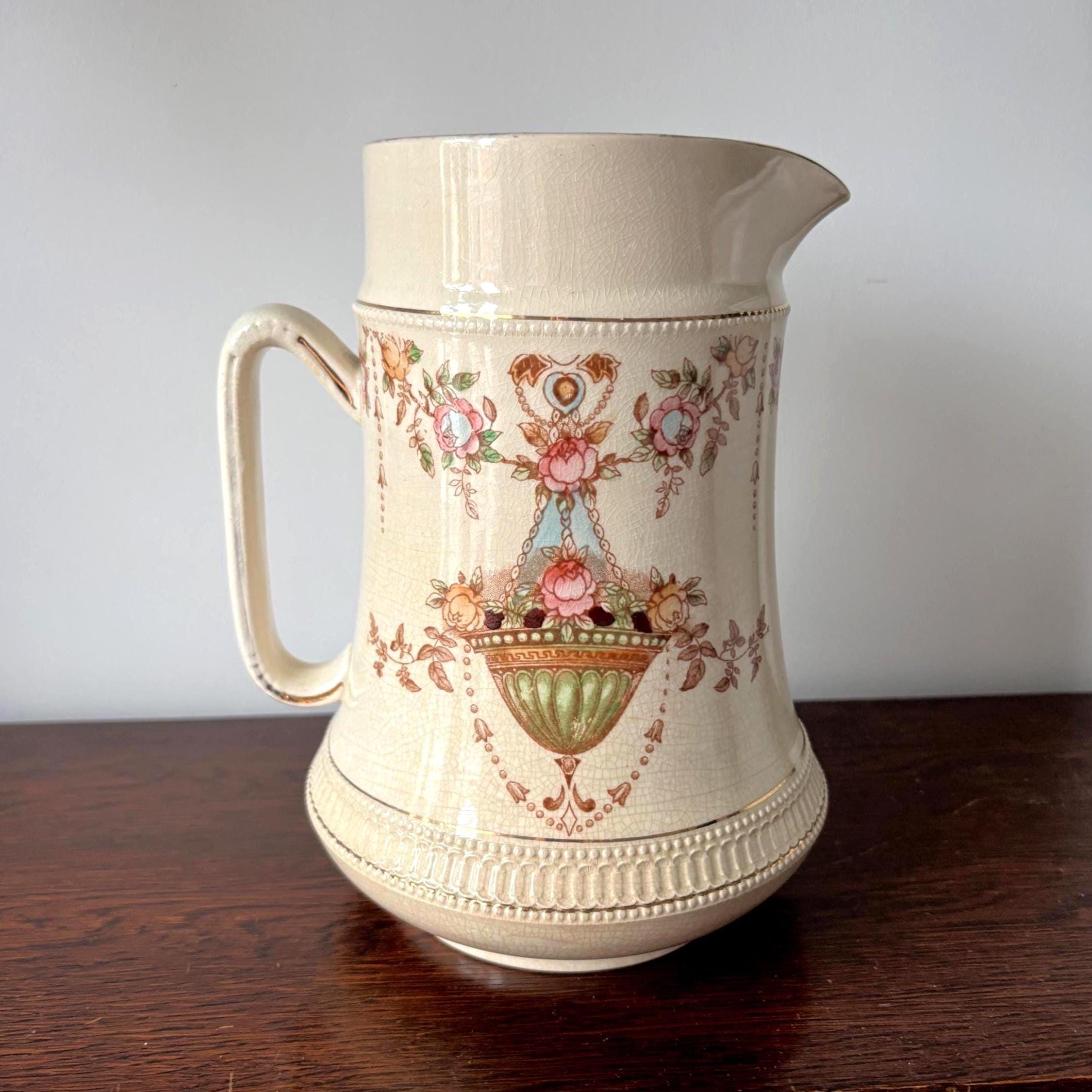 Antique Crown Devon “Etna” Jug Pitcher, Floral Basket, Crackle Glaze, England