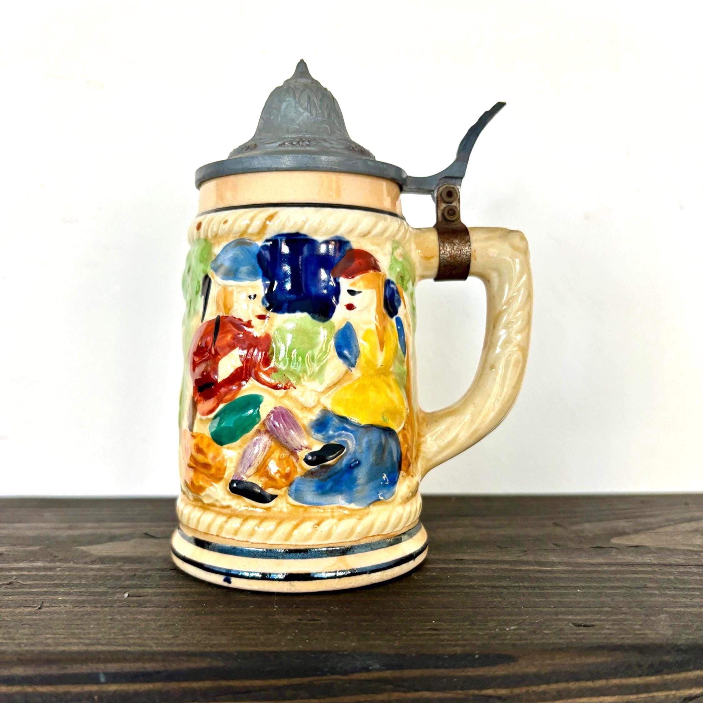 Vintage German Beer Stein with Pewter Lid | Tall Hand-Painted Relief Tavern Scene Mug