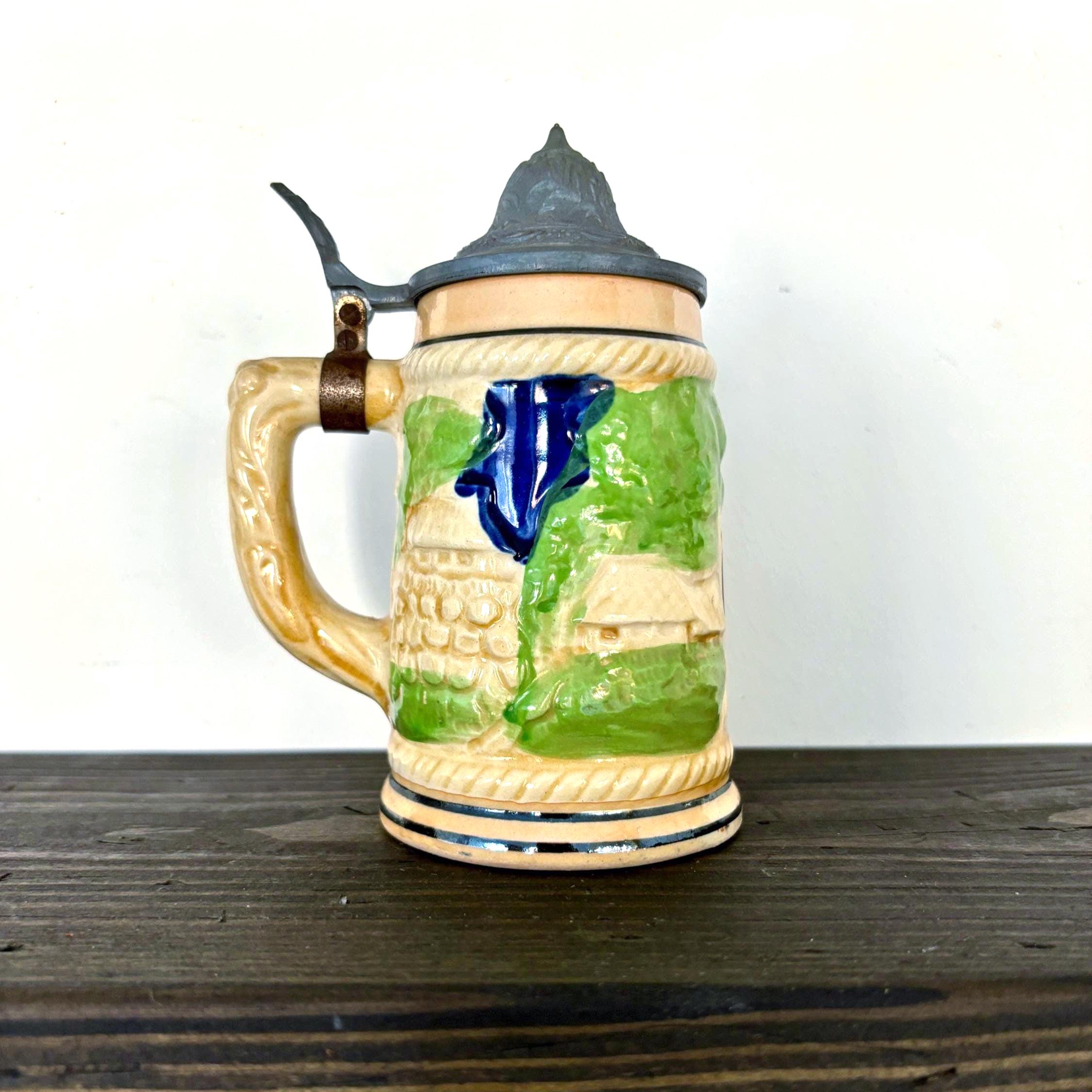 Vintage German Beer Stein with Pewter Lid | Tall Hand-Painted Relief Tavern Scene Mug