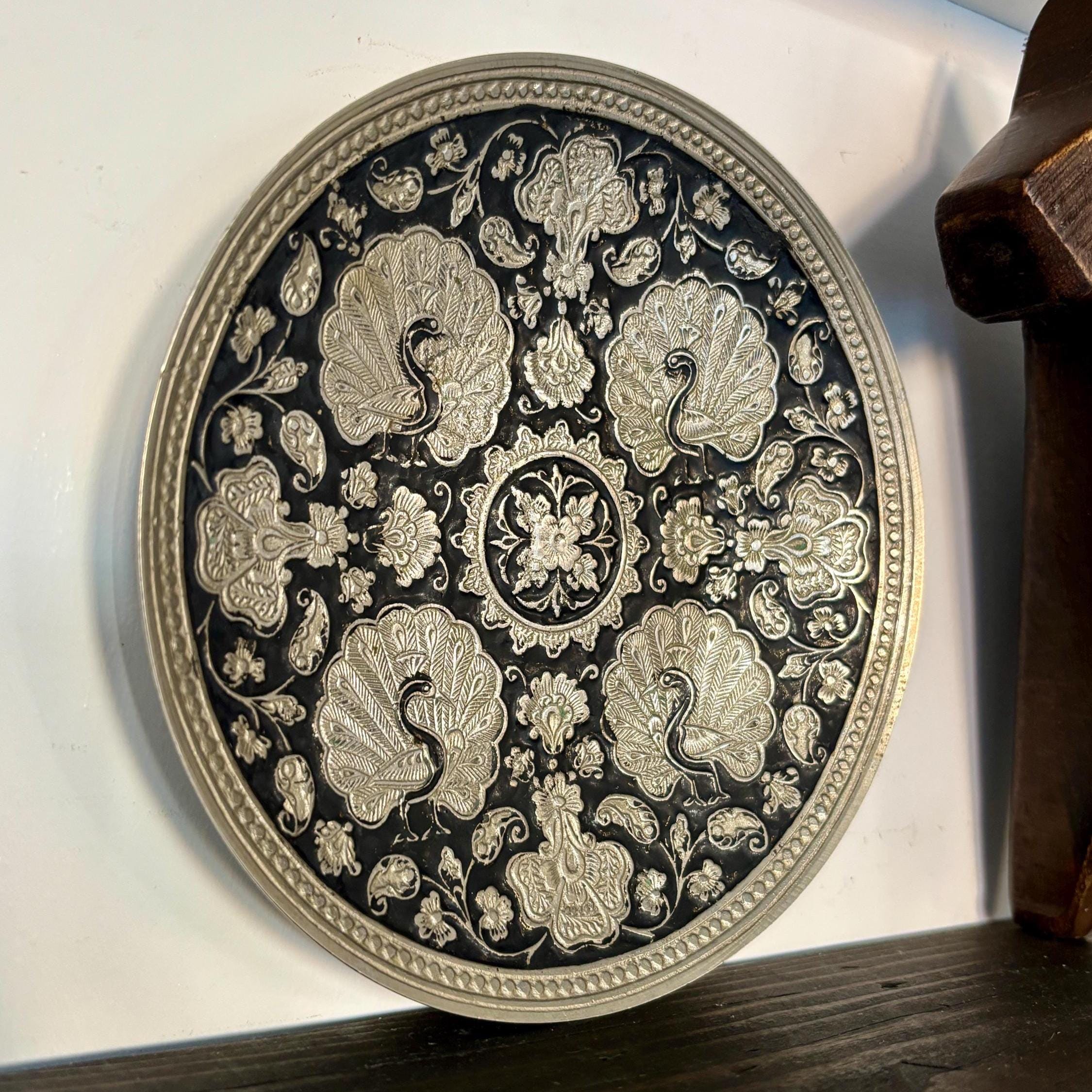 Vintage Silver & Black Peacock Wall Plate | Embossed Metal Hanging Tray, Boho Wall Decor