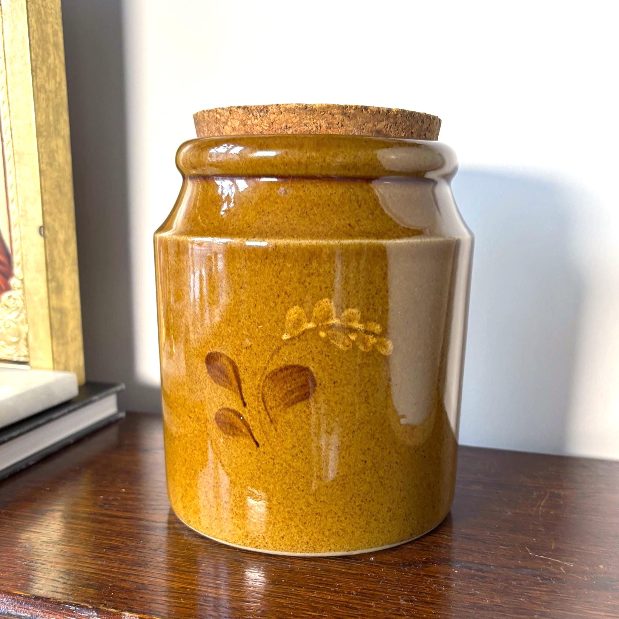 Vintage Pearsons Stoneware Storage Jar with Cork Lid – Brown Glaze Leaf Motif