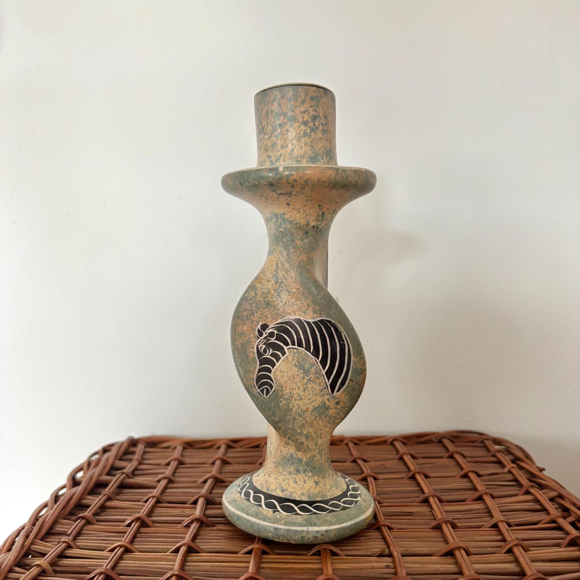 Kisii Soapstone Safari Candlestick | Hand-Carved Kenya | Zebra, Elephant & Rhino | Barley-Twist Taper Holder