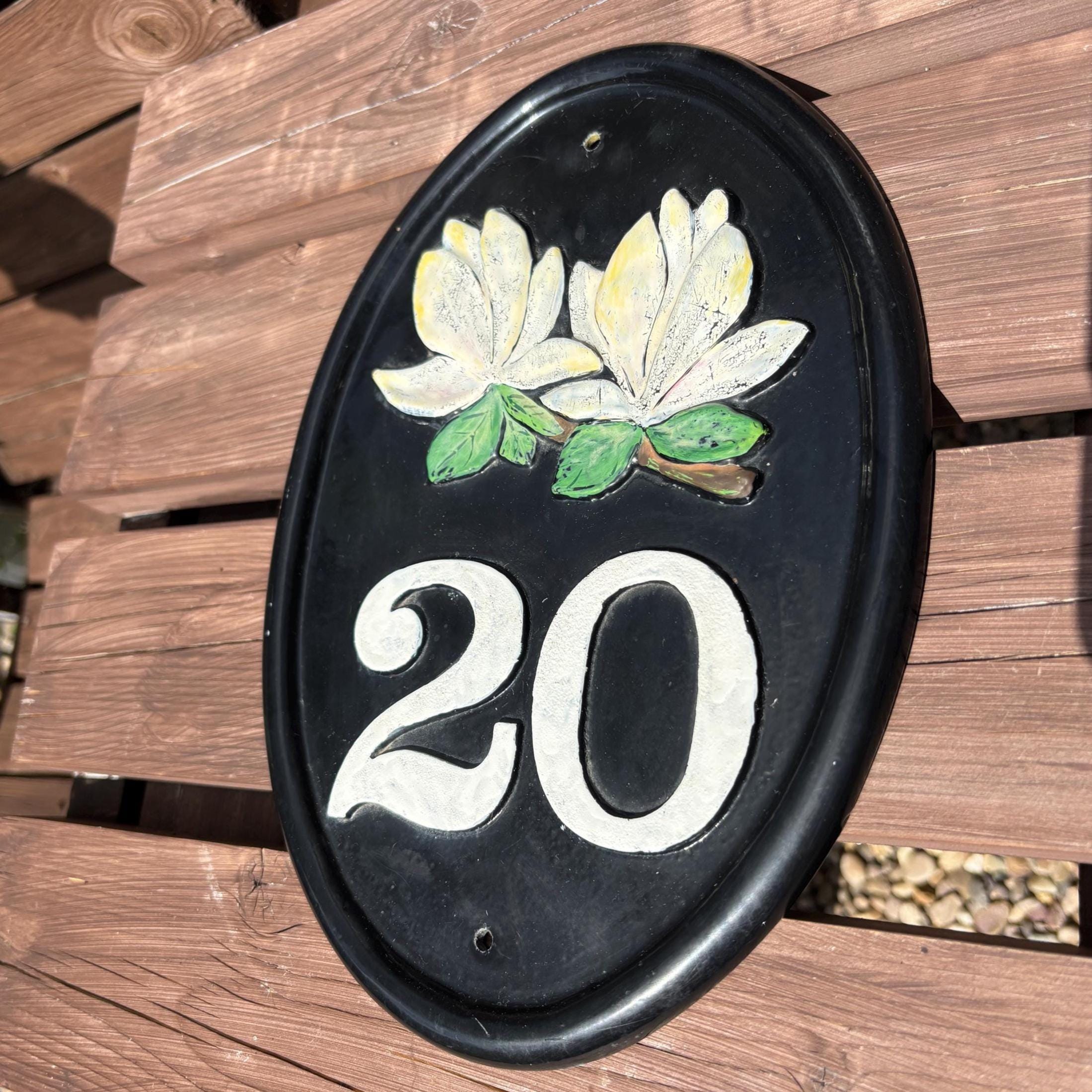 Cast Iron House Number Plaque: Black Oval Sign with White Magnolias