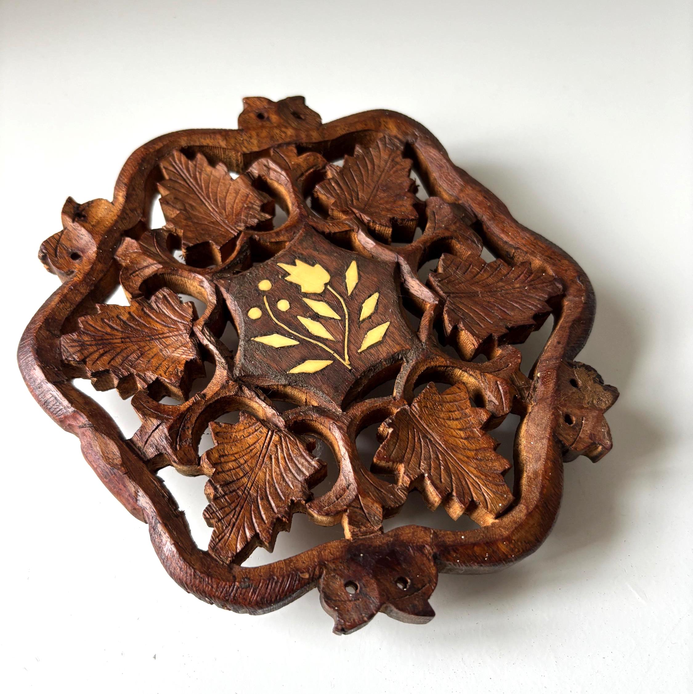 Vintage Hand Carved Wooden Trivet With Bone Inlay Grapevine Leaf Pot Stand Decor