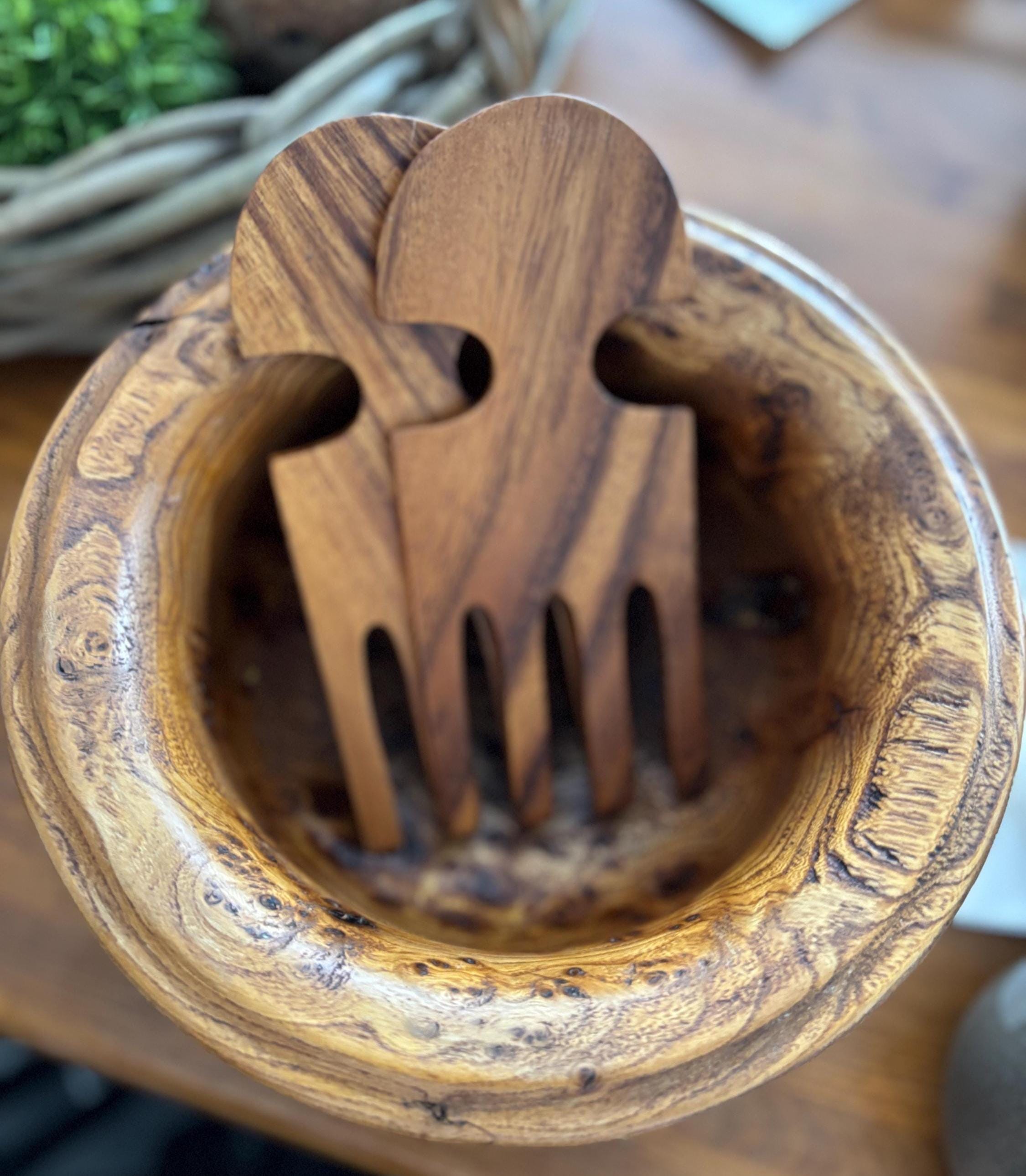 Vintage Burl Wood Salad Bowl Set Wooden Servers Rustic Farmhouse Kitchen Decor