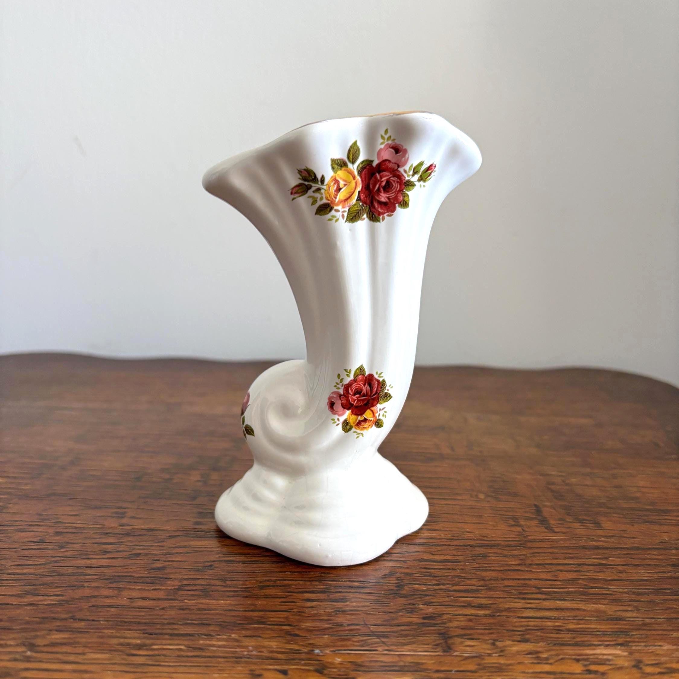 Vintage Floral Transferware Cornucopia Vase - Made in England Cottagecore Decor