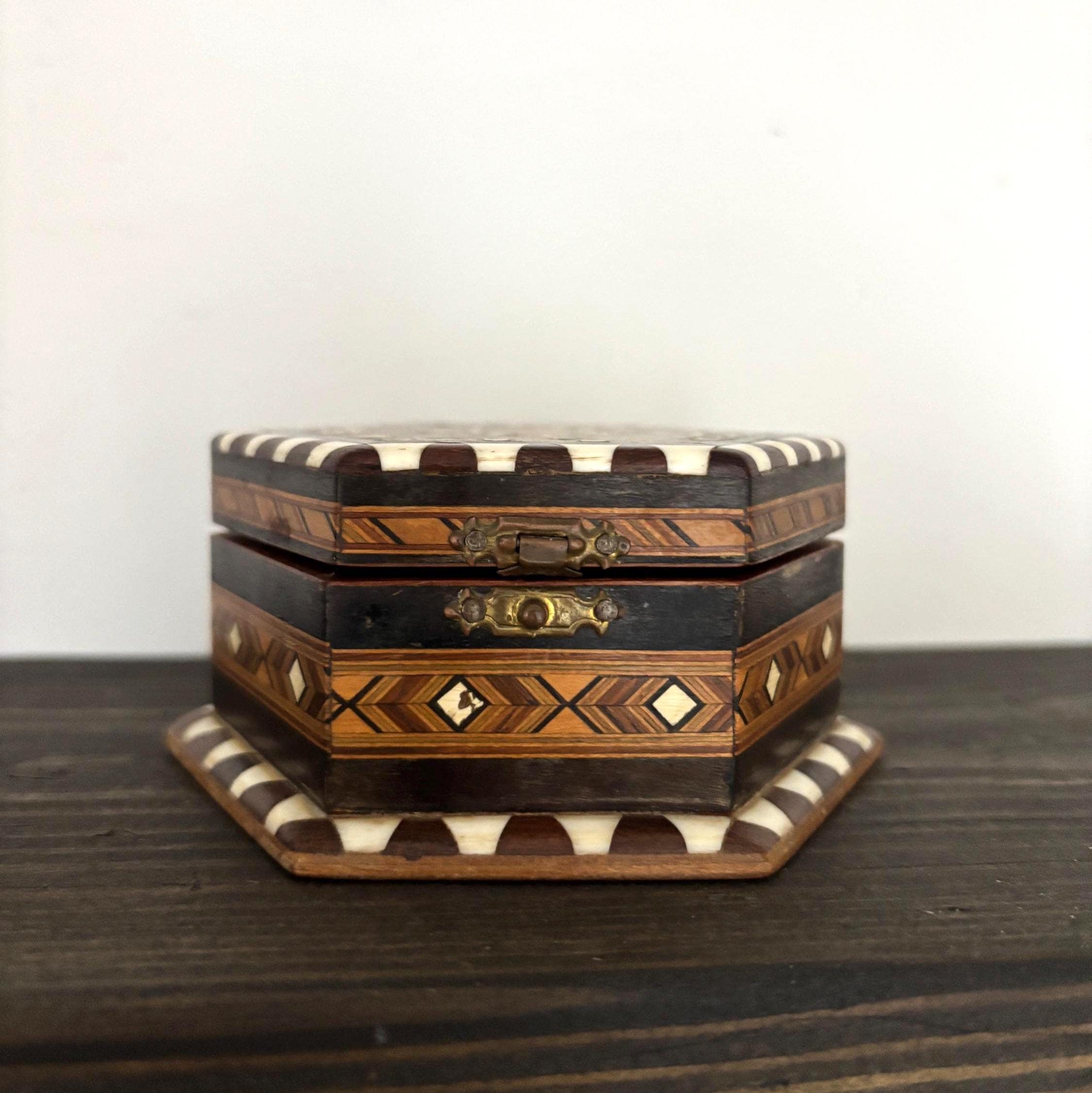 Vintage Spanish Marquetry Jewelry Box Tossa de Mar Costa Brava Wood Mosaic Hexagon