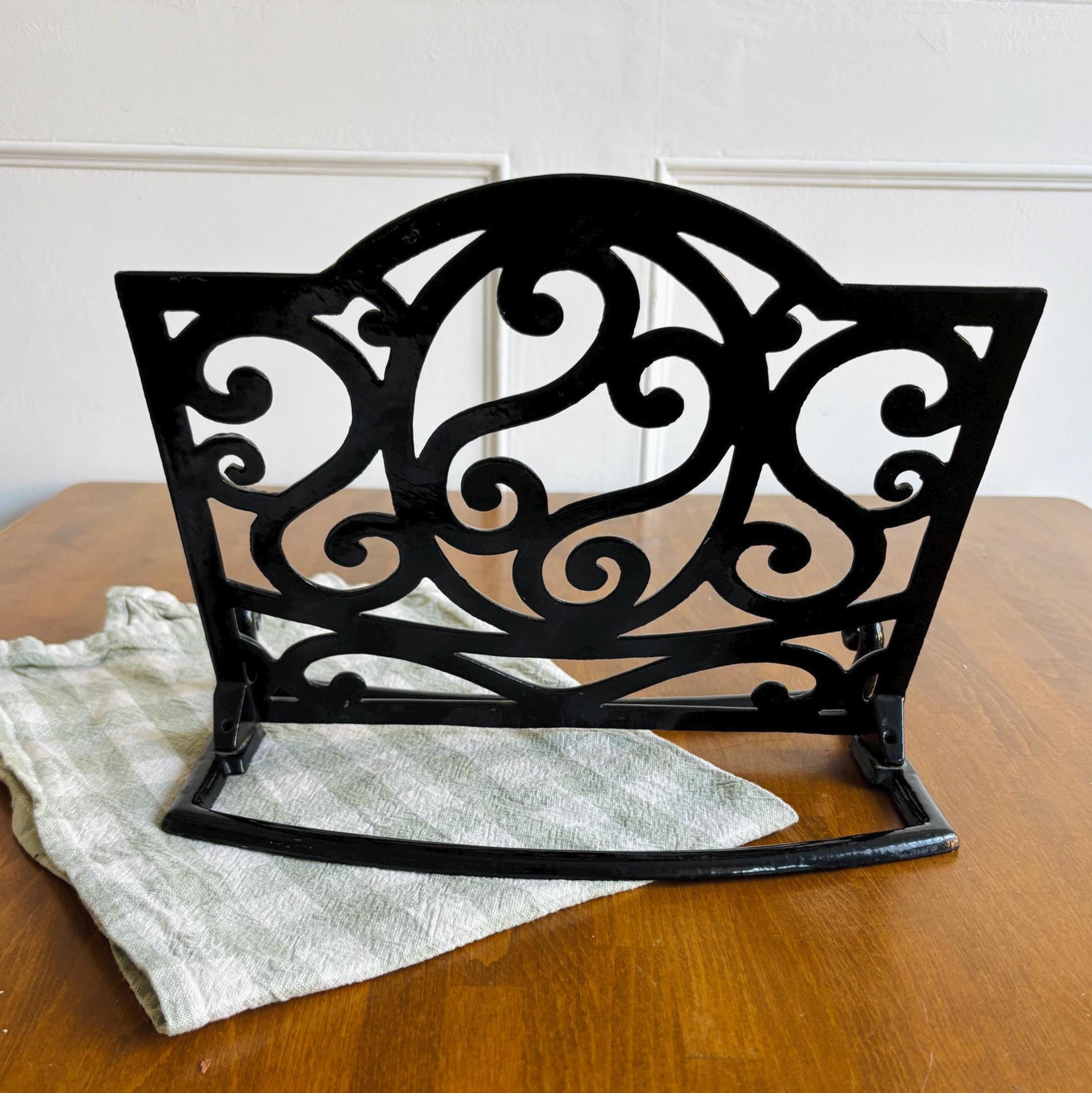 Vintage Wrought Iron Cookbook Stand Black Scrollwork Recipe Holder Kitchen Display Easel Decor