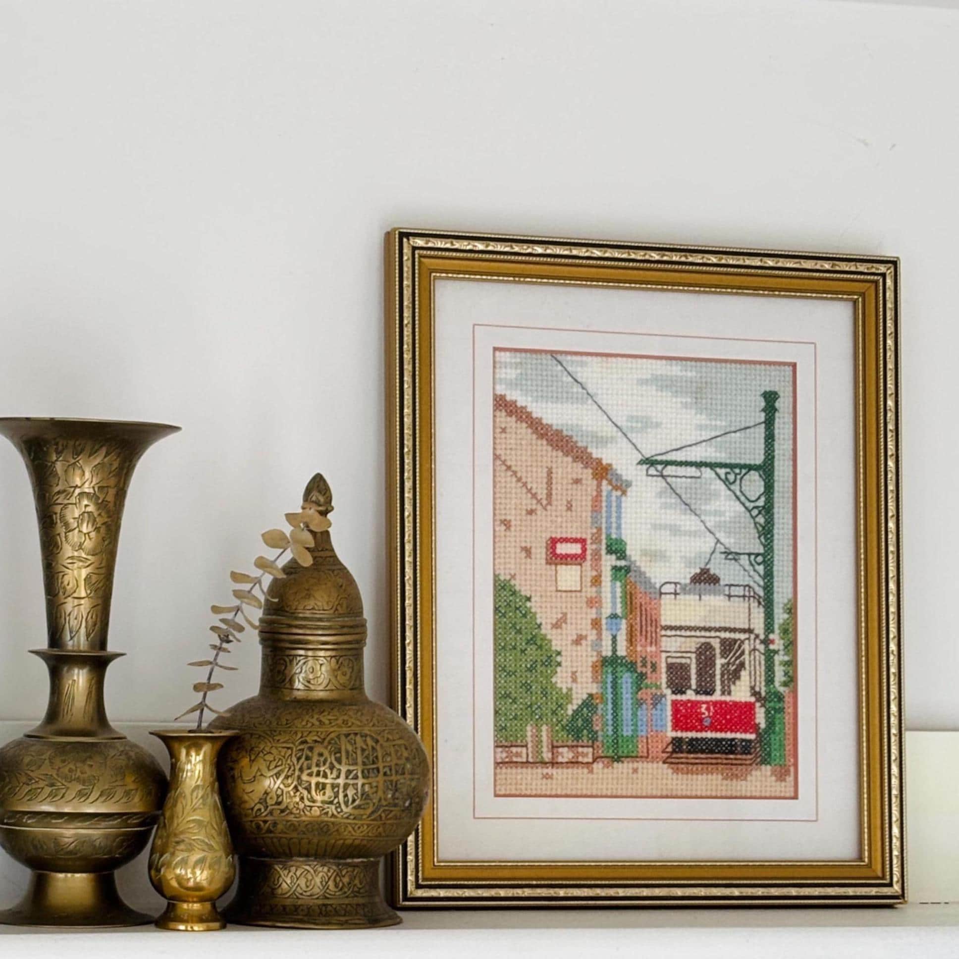 Vintage Framed Cross Stitch: Beamish Tram Embroidery Wall Art