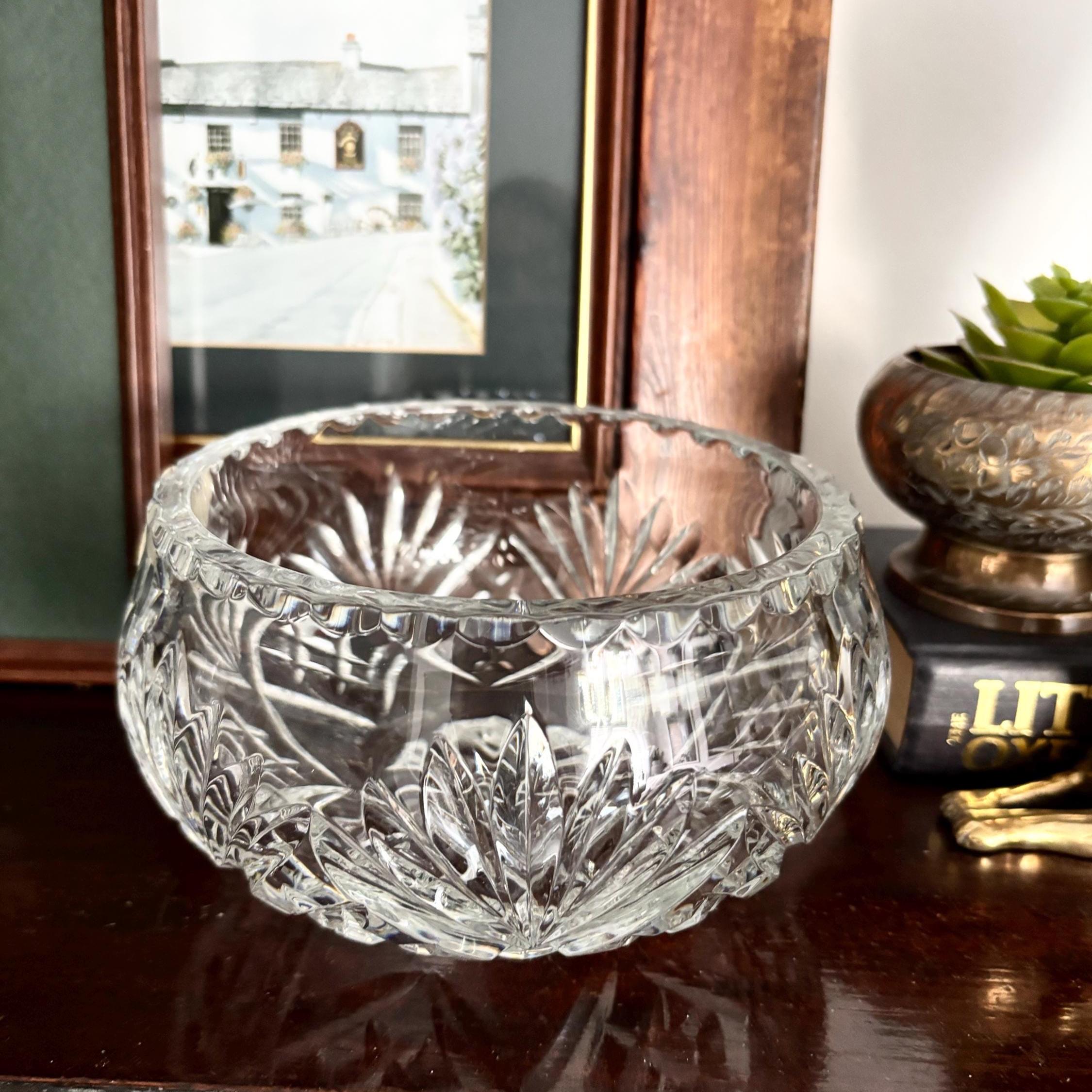 Vintage Russian Lead Crystal Flower Frog Bowl With Metal Grid Hand Cut Crystal Centrepiece