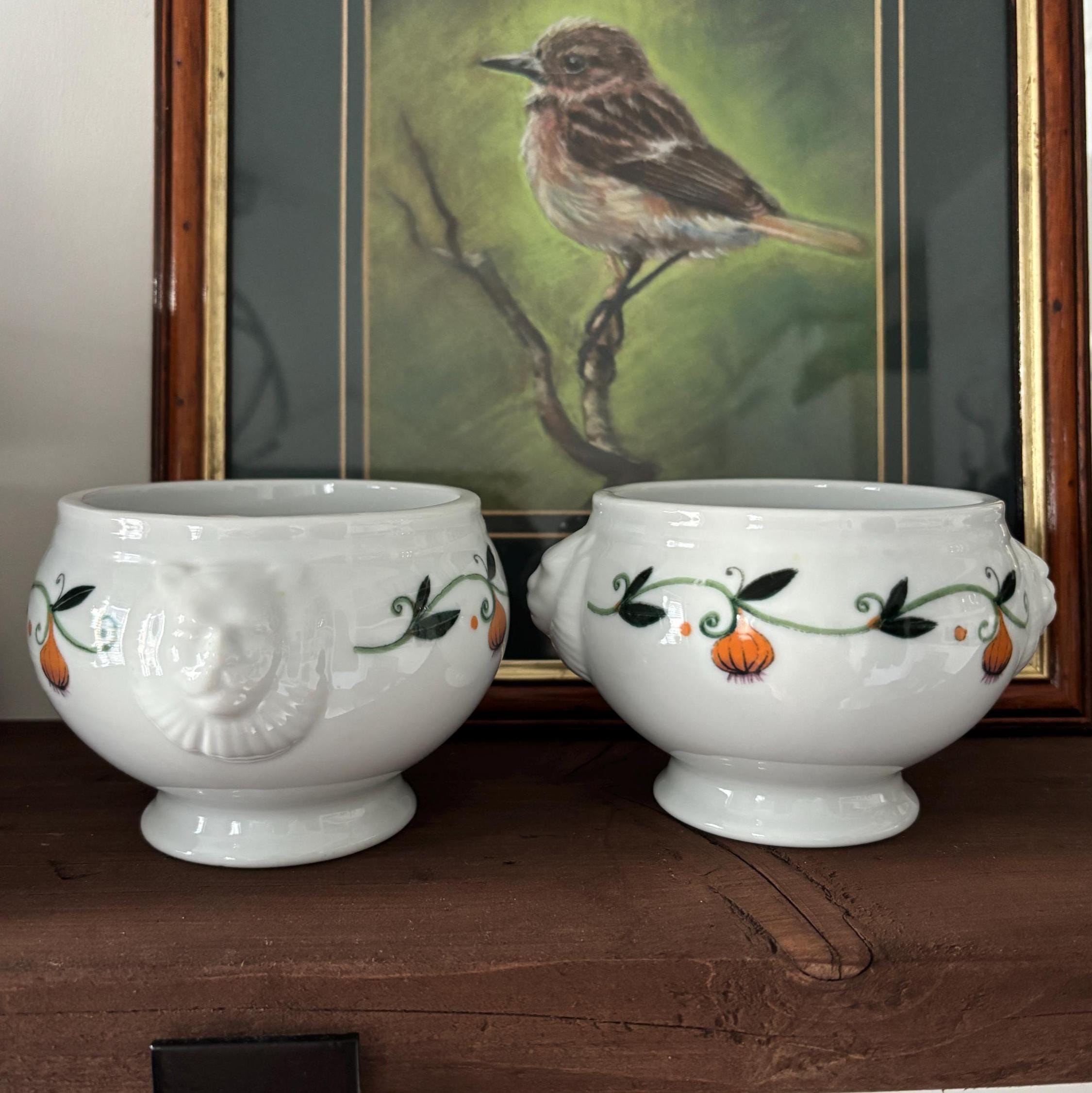 Pair Vintage White Ceramic Lion Head Bowls, Pedestal Foot, Hand-Painted Tureens