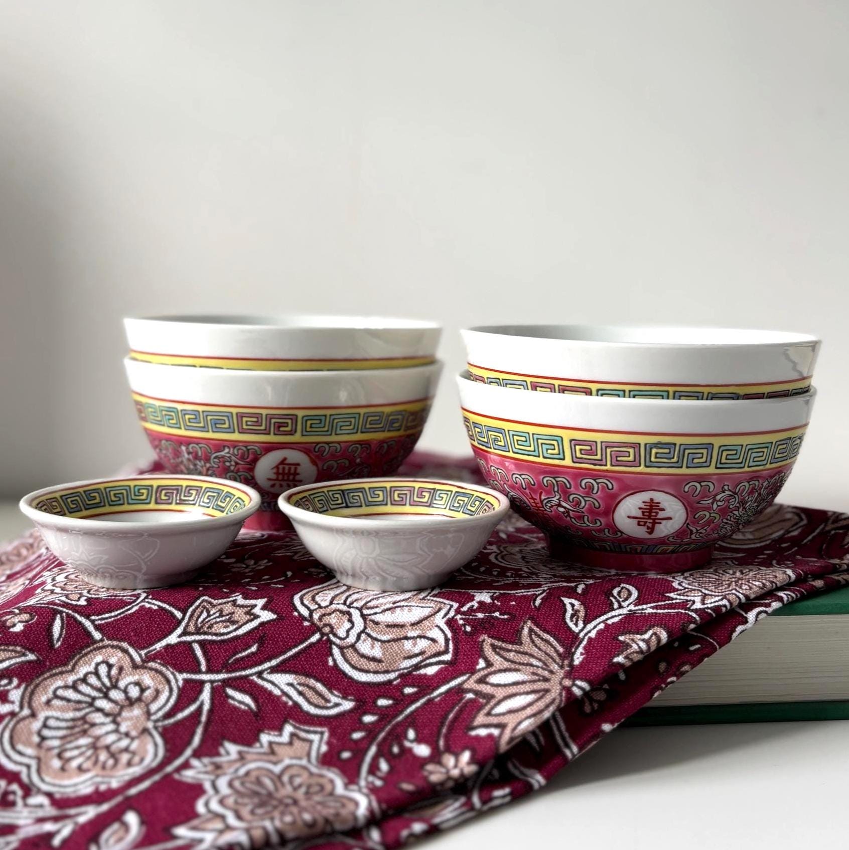 Vintage Jingdezhen Longevity Rice Bowl Set Chinese Restaurant Ware