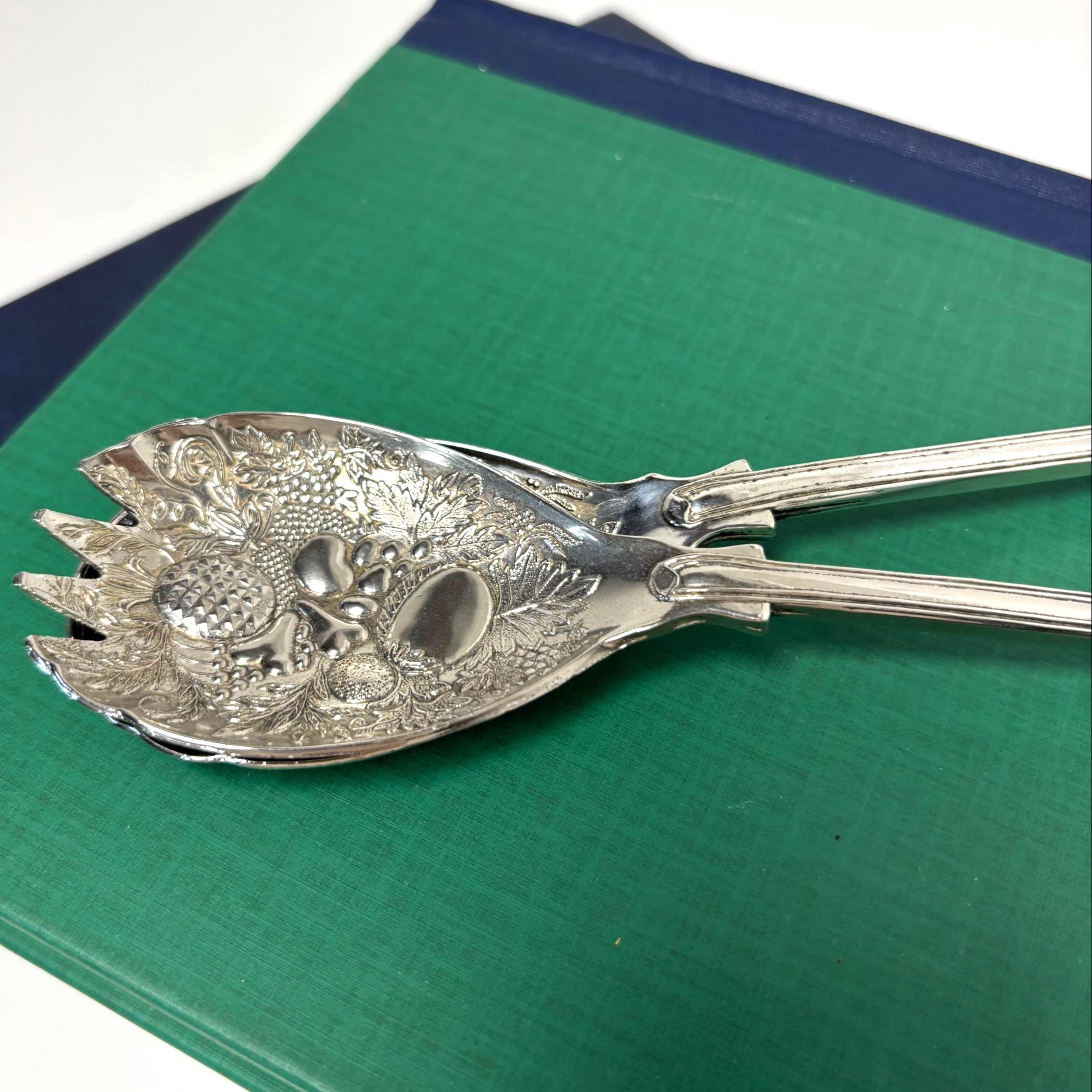 Ornate Vintage Silver Plated Salad Servers Fruit Pattern Victorian Style Serving Spoon Fork Set