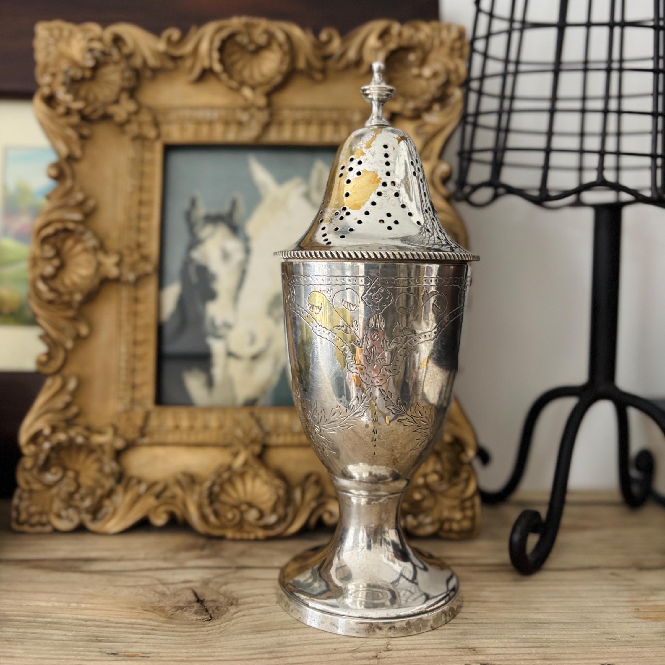 Vintage EPNS Sugar Caster, Silver Plated Muffineer, Pierced Lid Tableware