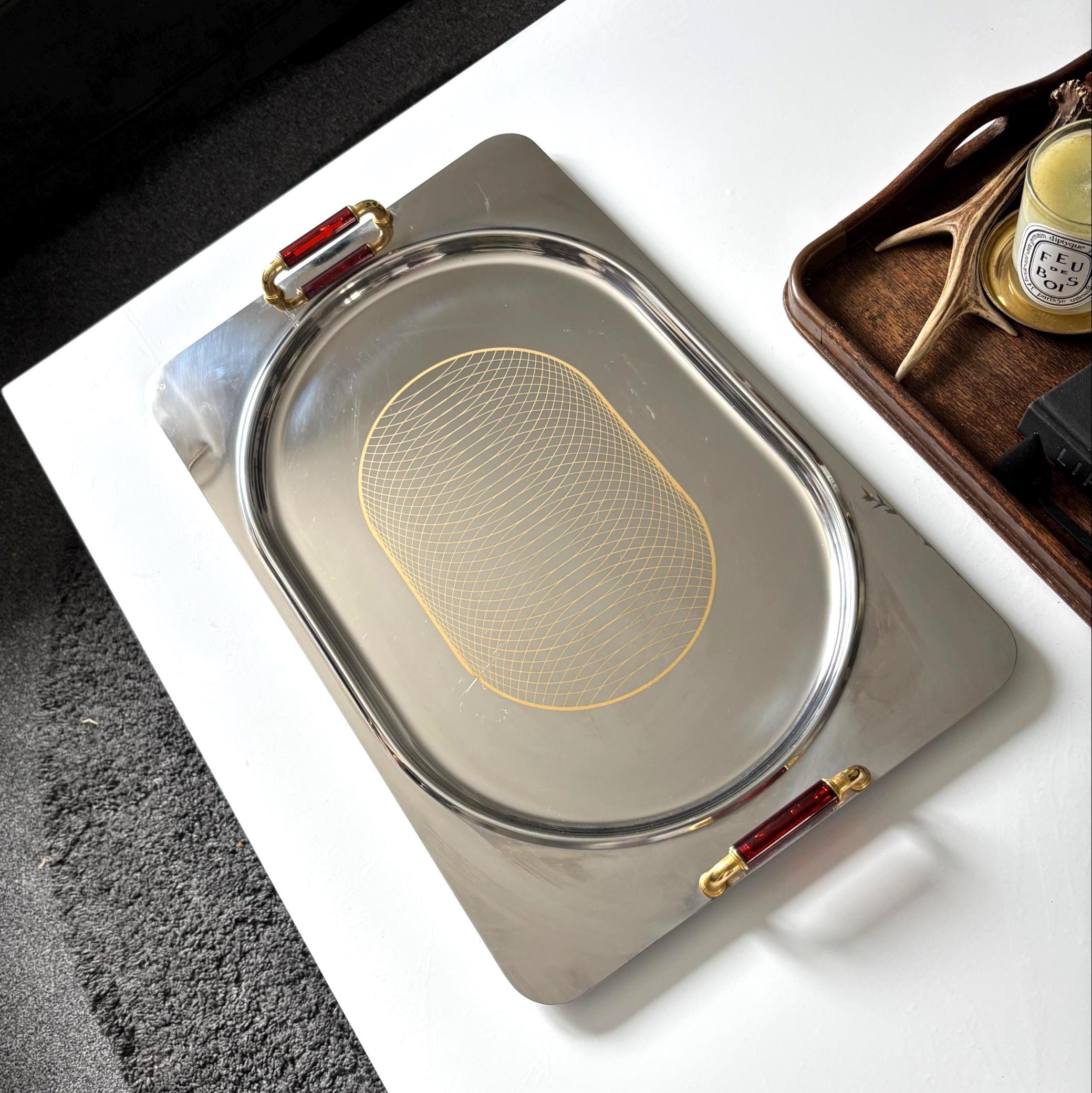 Large Vintage Giorinox Sonia Serving Tray 53cm Stainless Steel Italian Barware