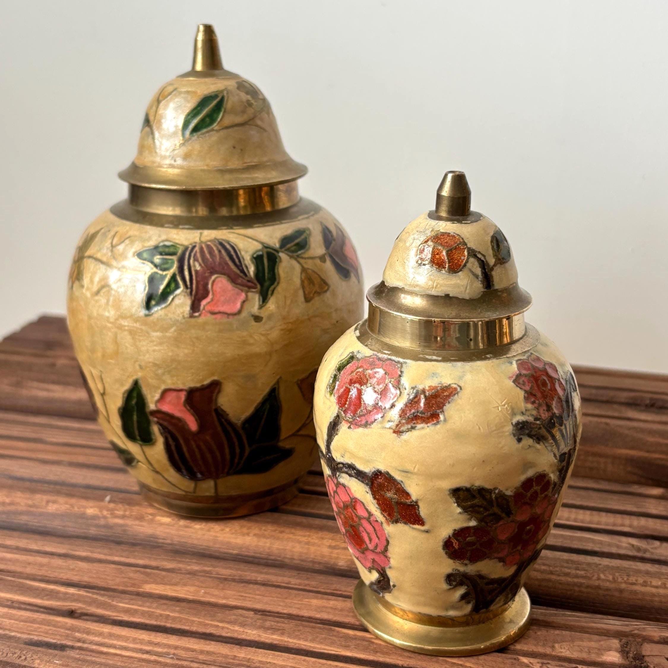 Vintage Brass Cloisonné Ginger Jar: Hand-Painted Floral Enamel