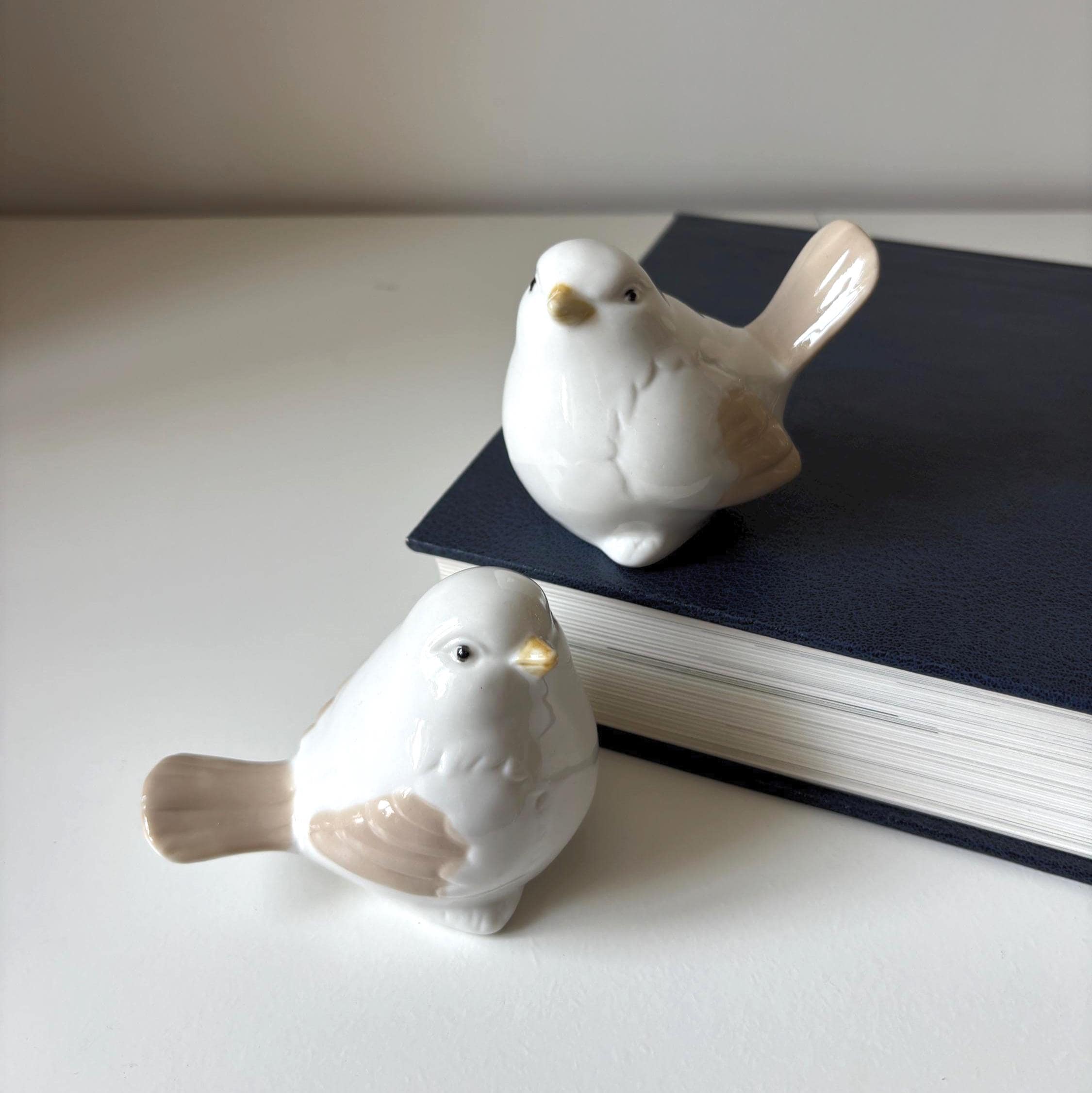 Vintage Ceramic Bird Figurines Pair White Porcelain Scandinavian Home Decor Shelf Ornament Set