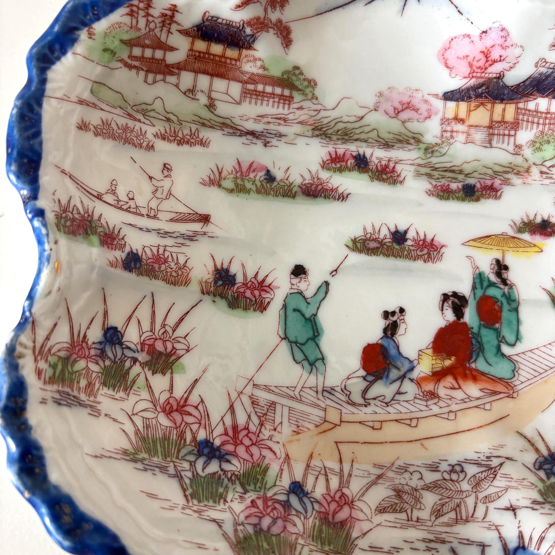 Vintage Japan Porcelain Dish Scenic Geisha Boat Mount Fuji Bowl