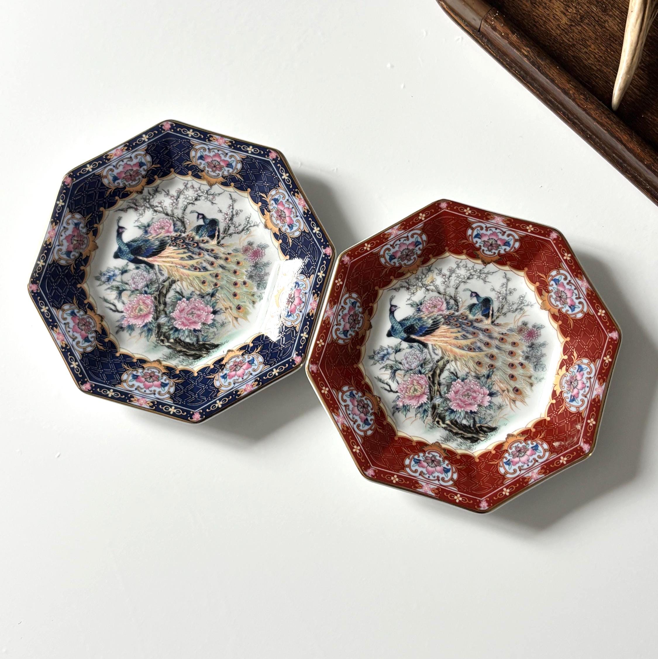 Pair Vintage Imperial Imari Peacock Wall Plates Japan Porcelain Hanging Plates Blue & Red