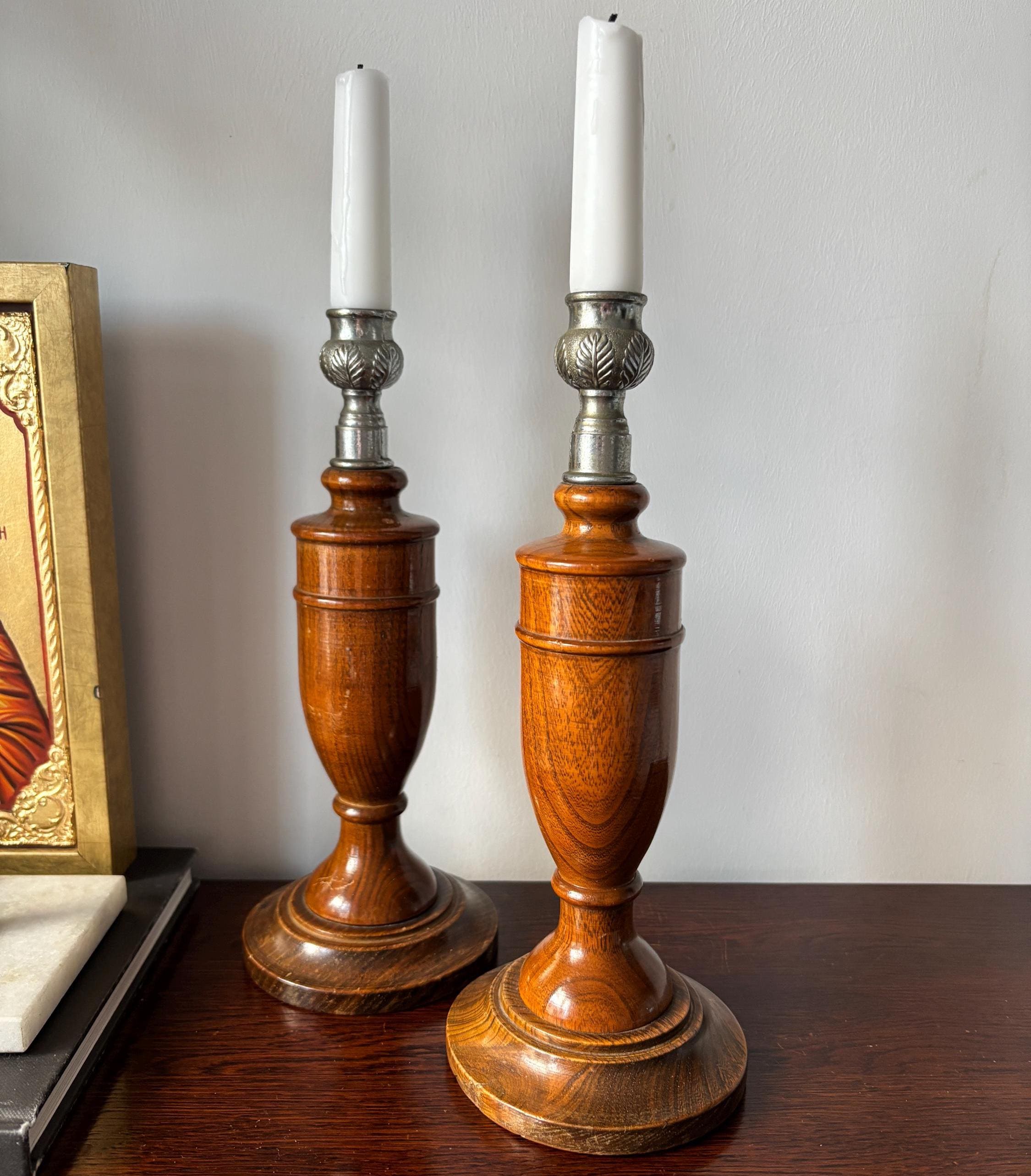 Vintage Wooden Candlesticks Pair, Turned Oak Candle Holders, Silver Tone Leaf Cups, Mantel Decor