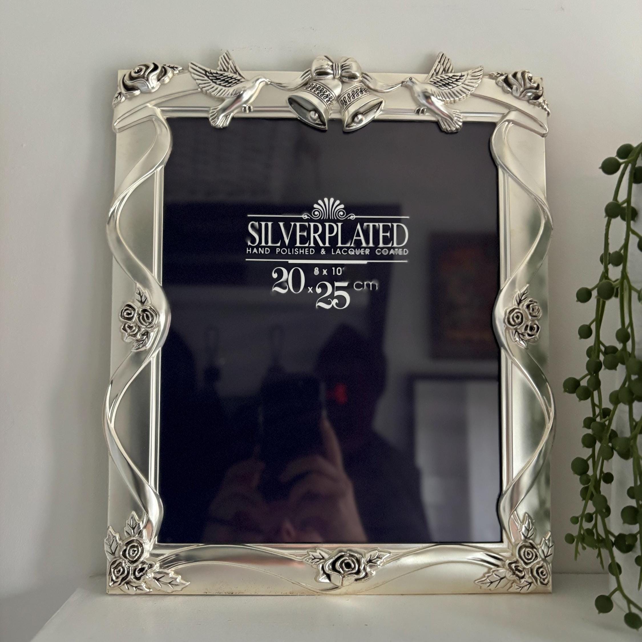 Silver-Plated Wedding Photo Frame 8×10" | Doves, Bells & Roses | Lacquered Anti-Tarnish