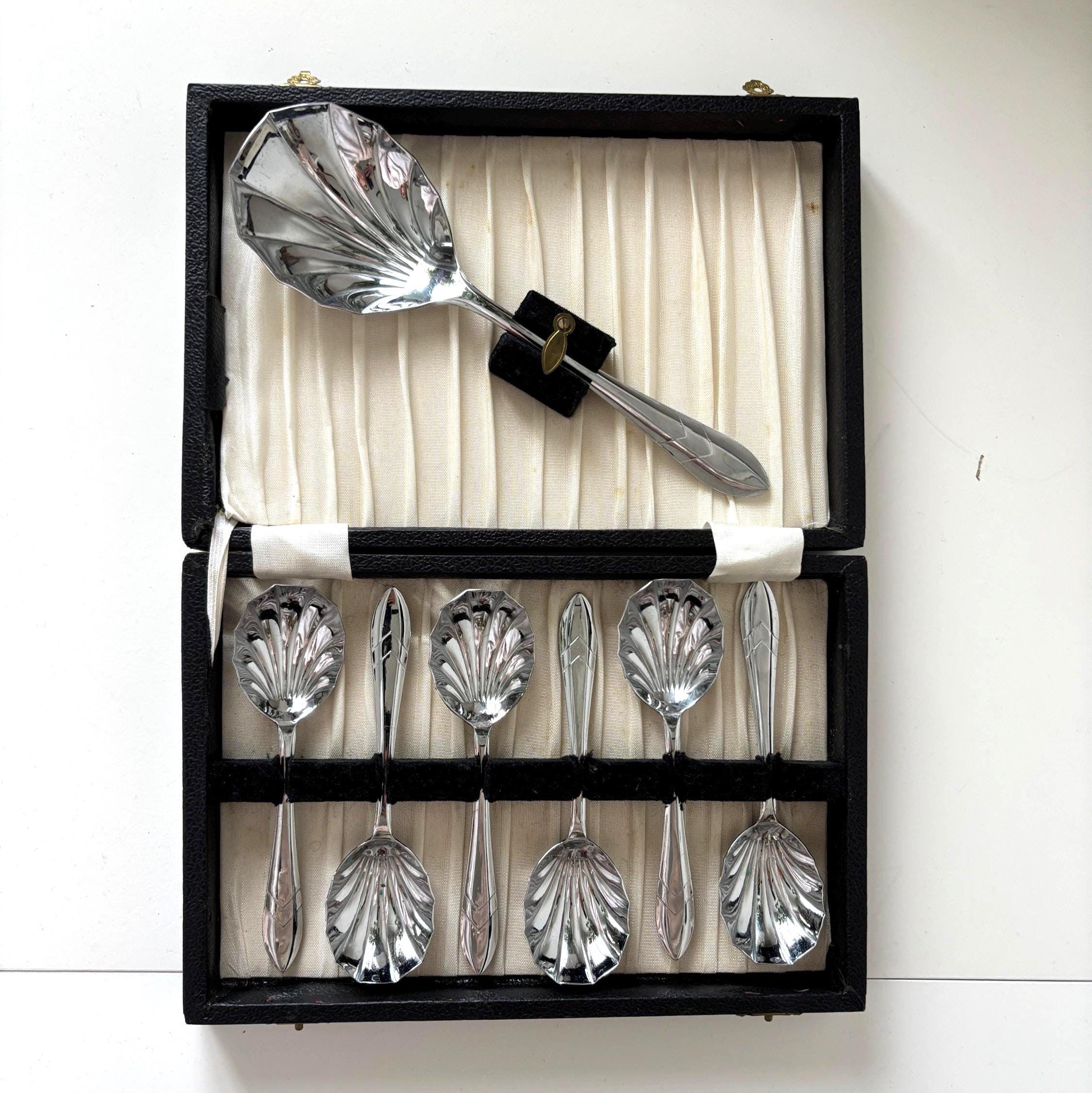 Vintage Sheffield Chrome Plated Nickel Silver Shell Spoon Set Boxed Art Deco Serving Spoons