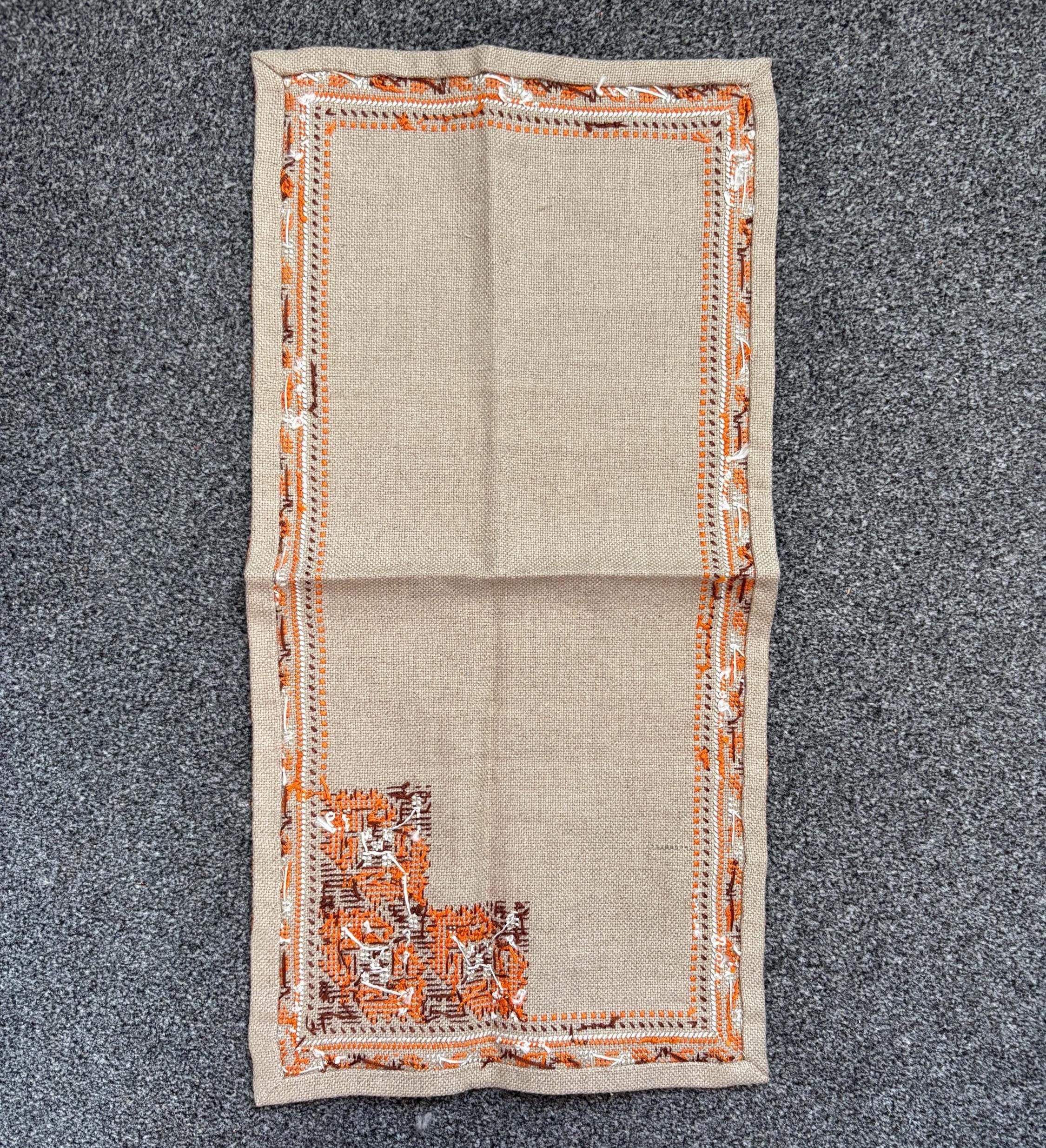 Vintage Bulgarian Hand Embroidered Linen Runner 56x26cm Orange Folk Border