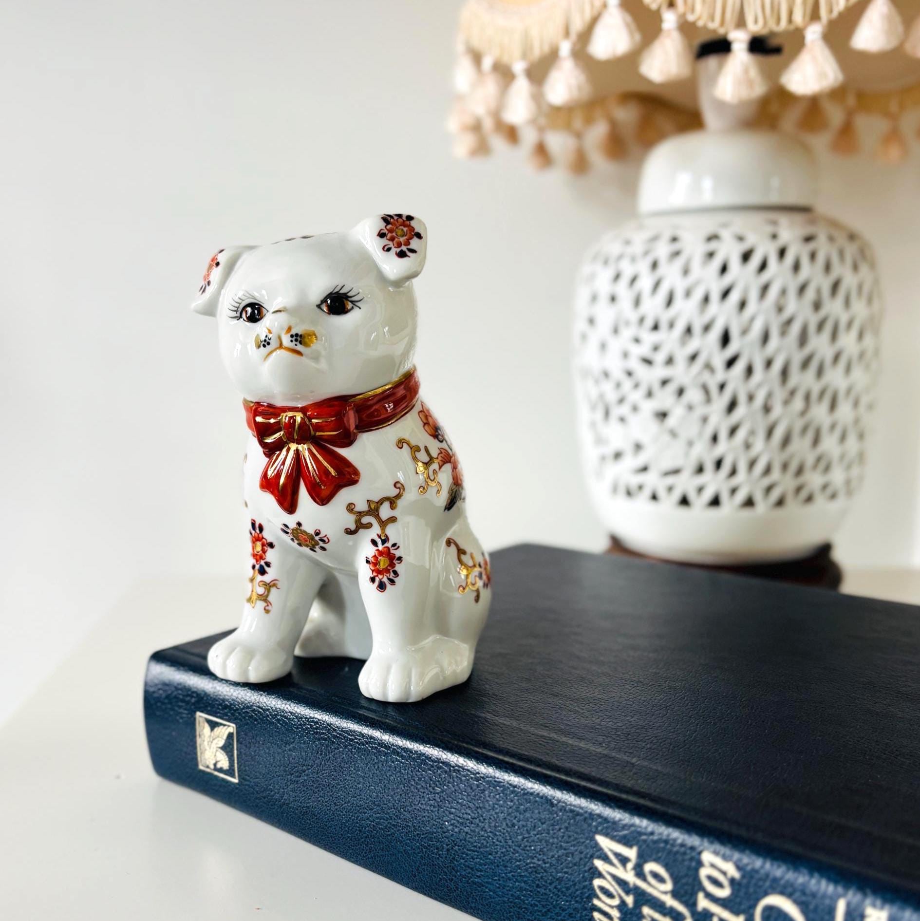 Imari Style Ceramic Dog Ornament | Vintage White Dog Figurine with Red Collar & Gilt Detail
