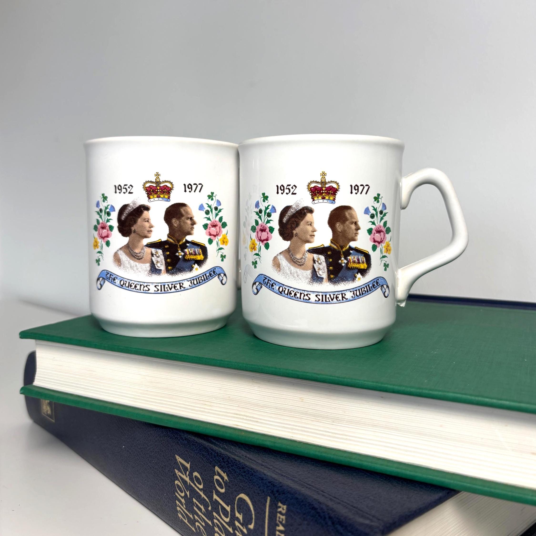 Queen Elizabeth II Silver Jubilee 1977 Mug Pair Tams England Royal Commemorative Cups