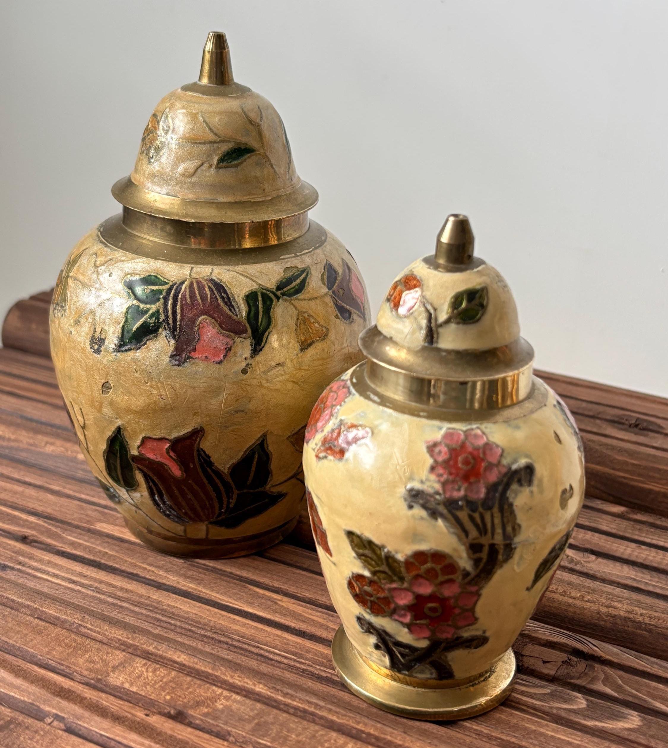 Vintage Brass Cloisonné Ginger Jar: Hand-Painted Floral Enamel