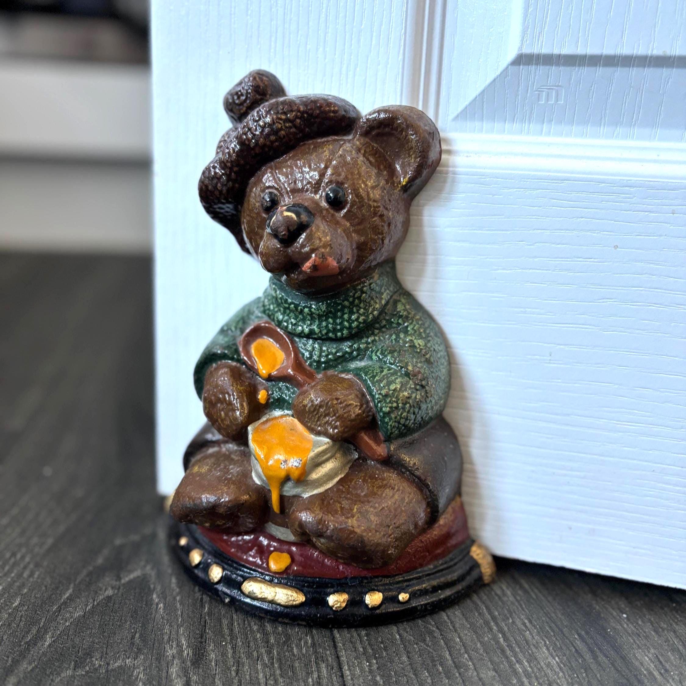 Vintage Cast Iron Teddy Bear Doorstop Honey Pot Rustic Cottage Farmhouse Decor Heavy