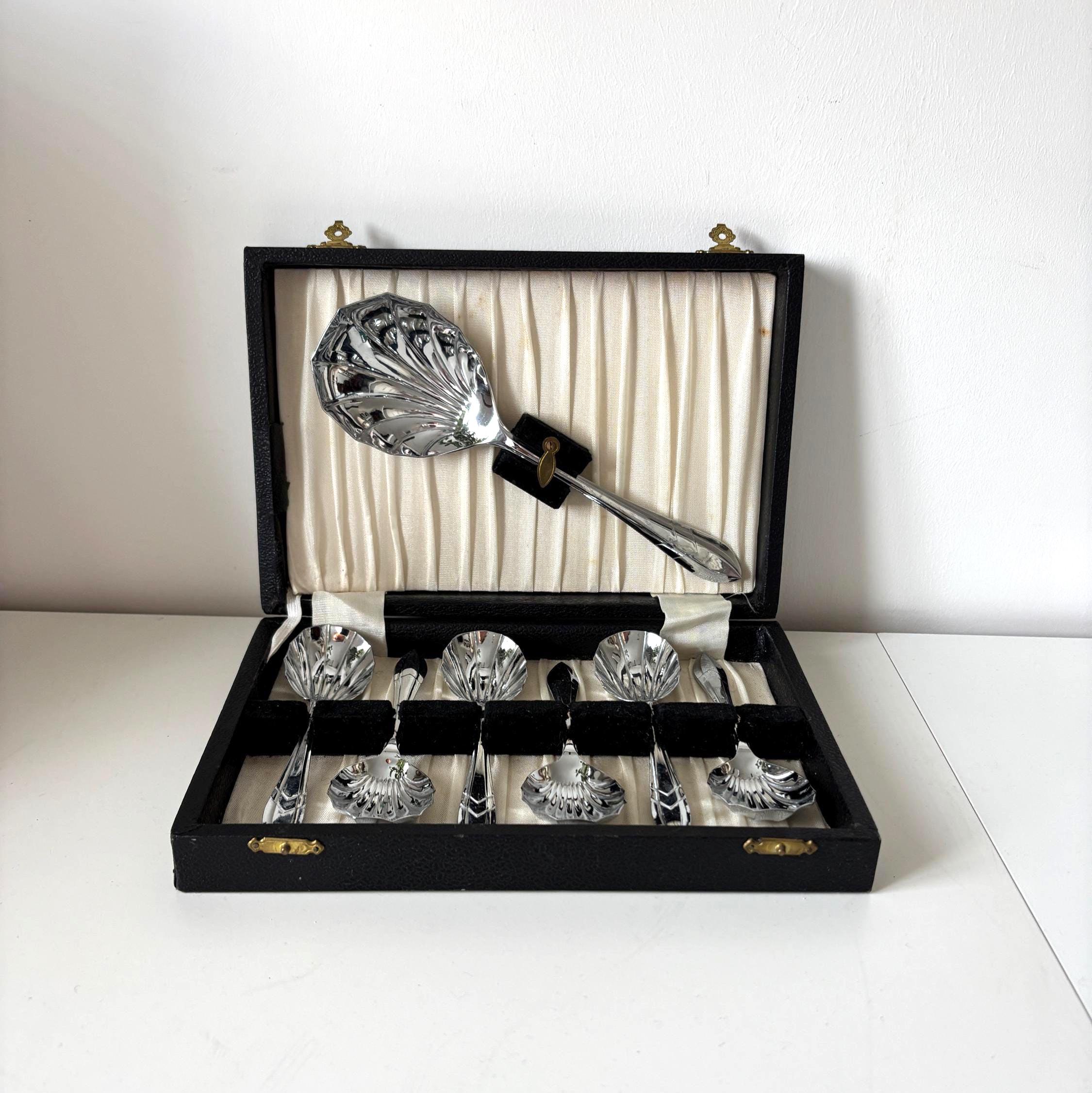 Vintage Sheffield Chrome Plated Nickel Silver Shell Spoon Set Boxed Art Deco Serving Spoons