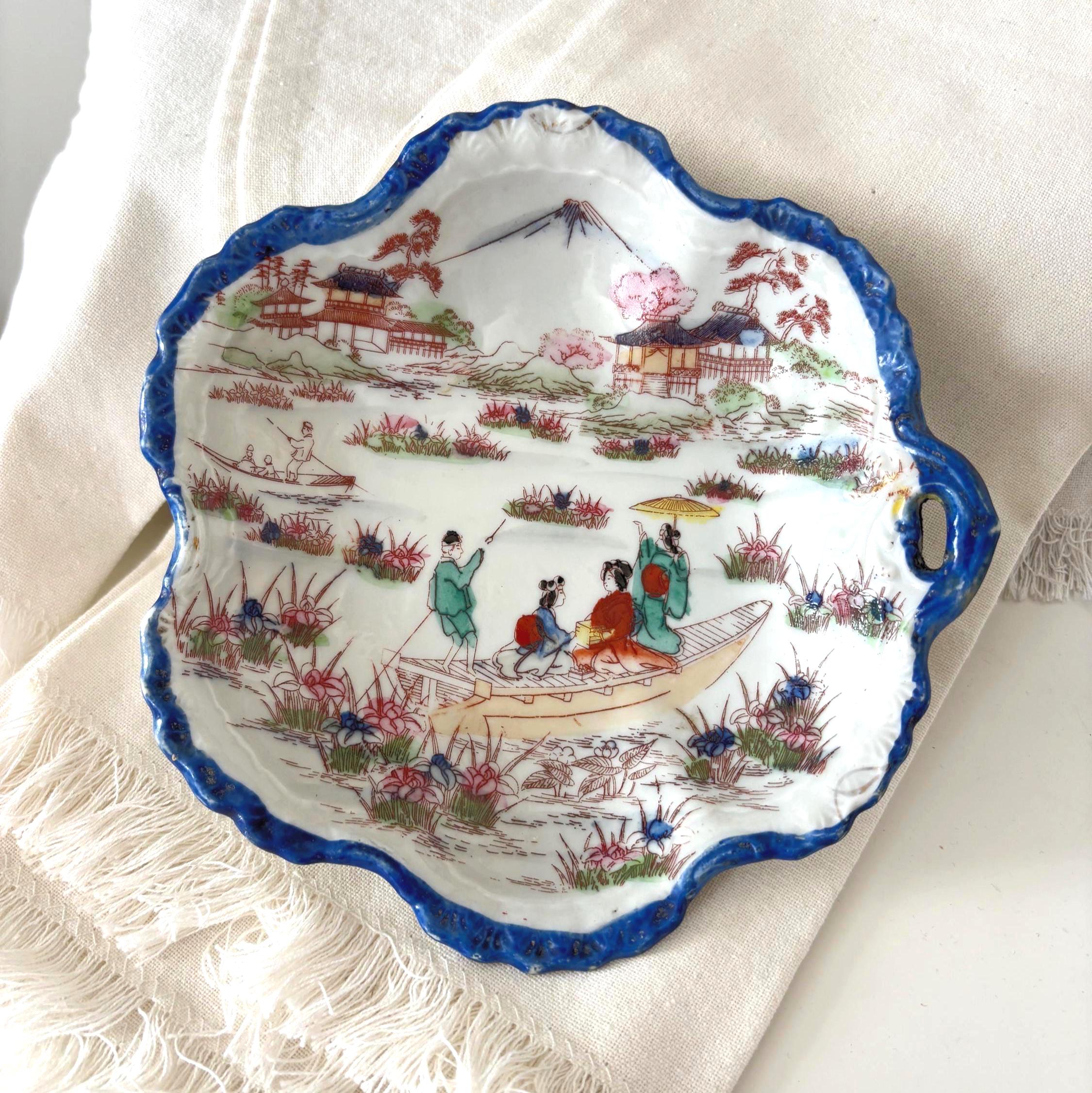 Vintage Japan Porcelain Dish Scenic Geisha Boat Mount Fuji Bowl