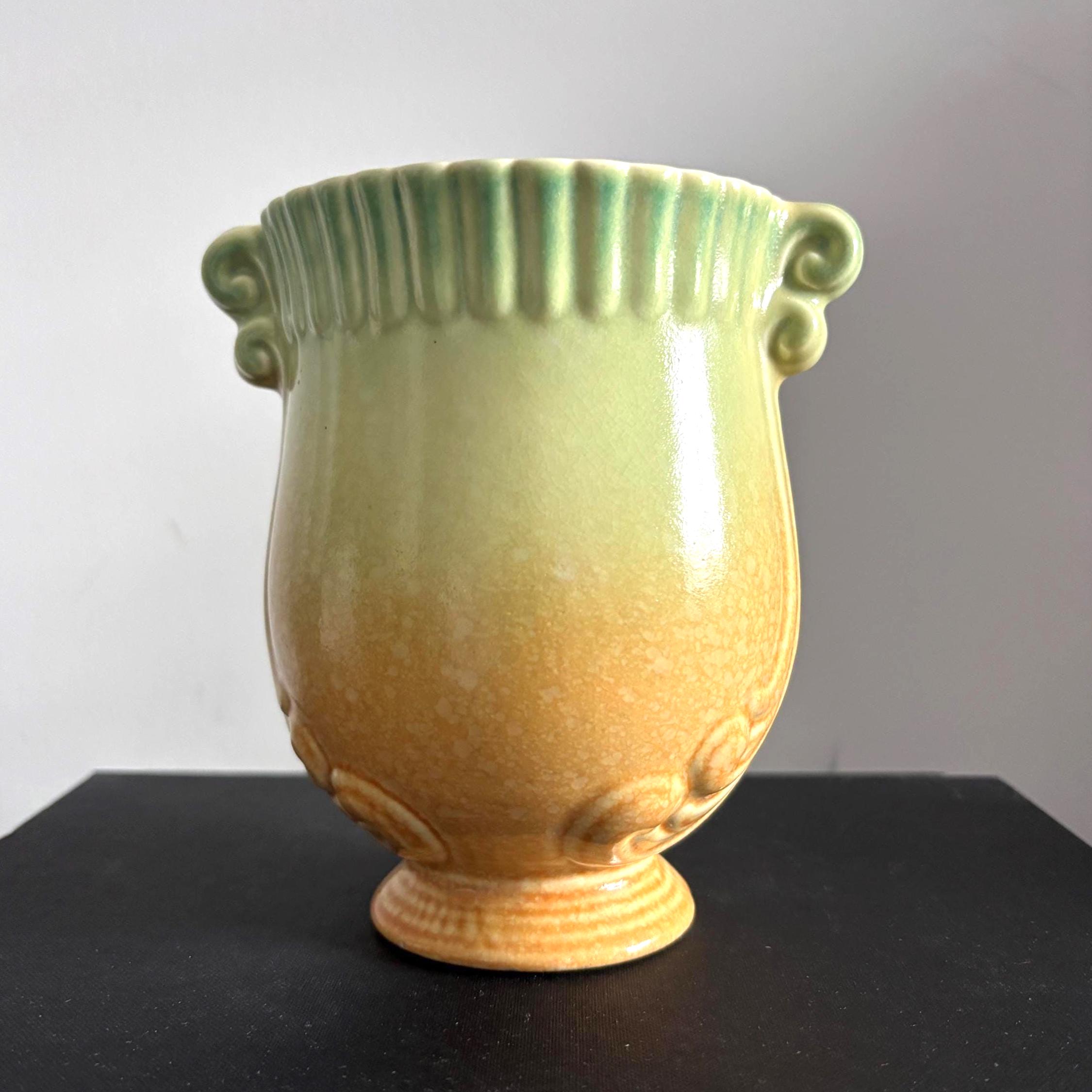 Vintage Crown Devon Art Deco Urn Vase Green Ochre Drip Glaze English Pottery