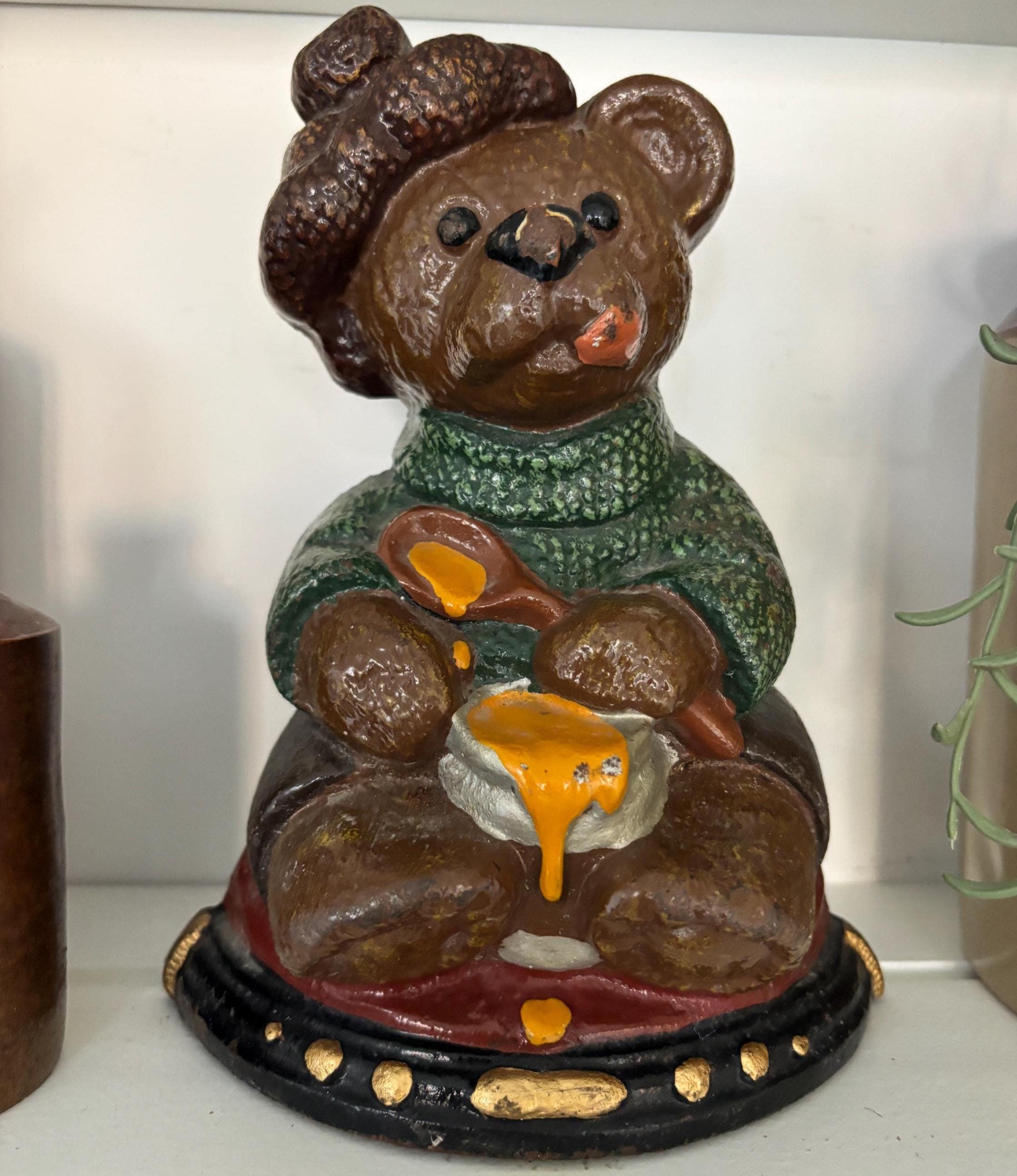 Vintage Cast Iron Teddy Bear Doorstop Honey Pot Rustic Cottage Farmhouse Decor Heavy